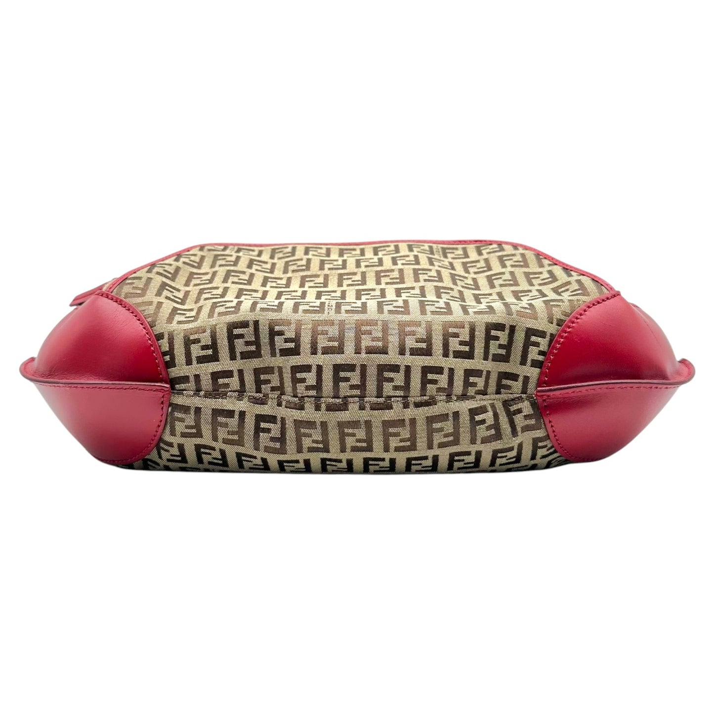 Fendi Tan Zucchino & Red Leather Crescent Hobo Shoulder Bag