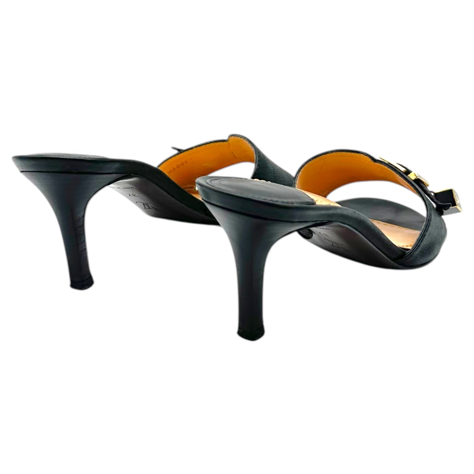 Louis Vuitton Black Leather Gold Logo Charm Kitten Heel Mules