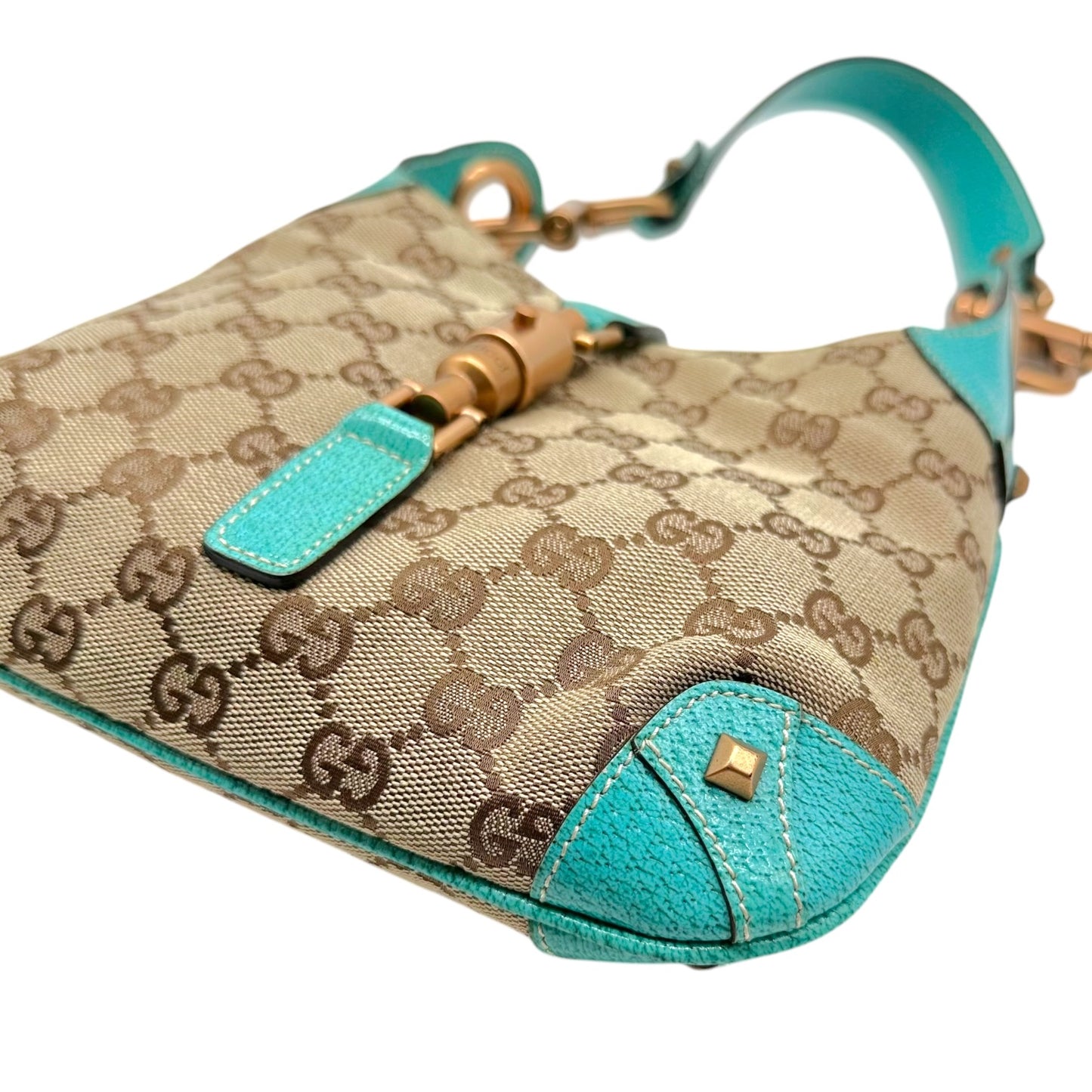 Gucci Mini Piston Jackie Bag Turquoise Leather Tan Monogram