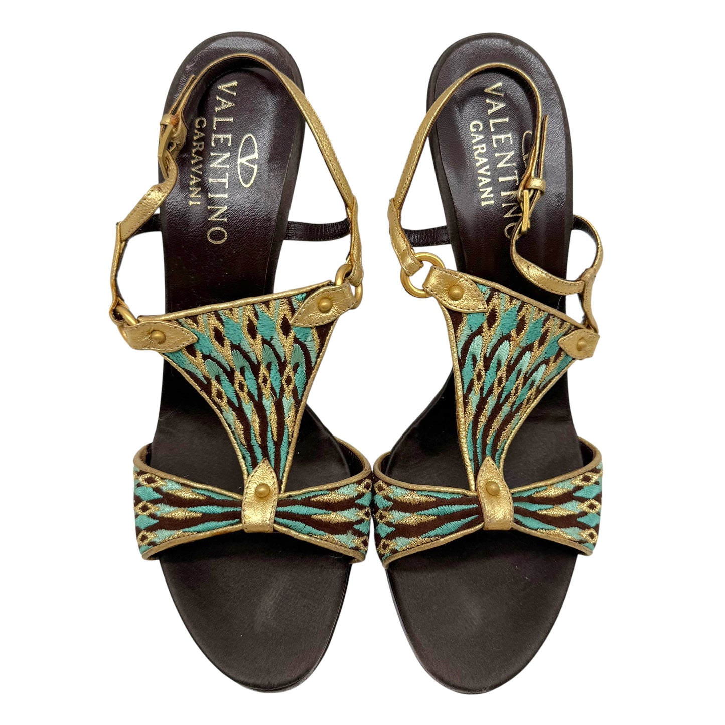 Valentino Garvani Turquoise Gold Embroidered Sandal Heels