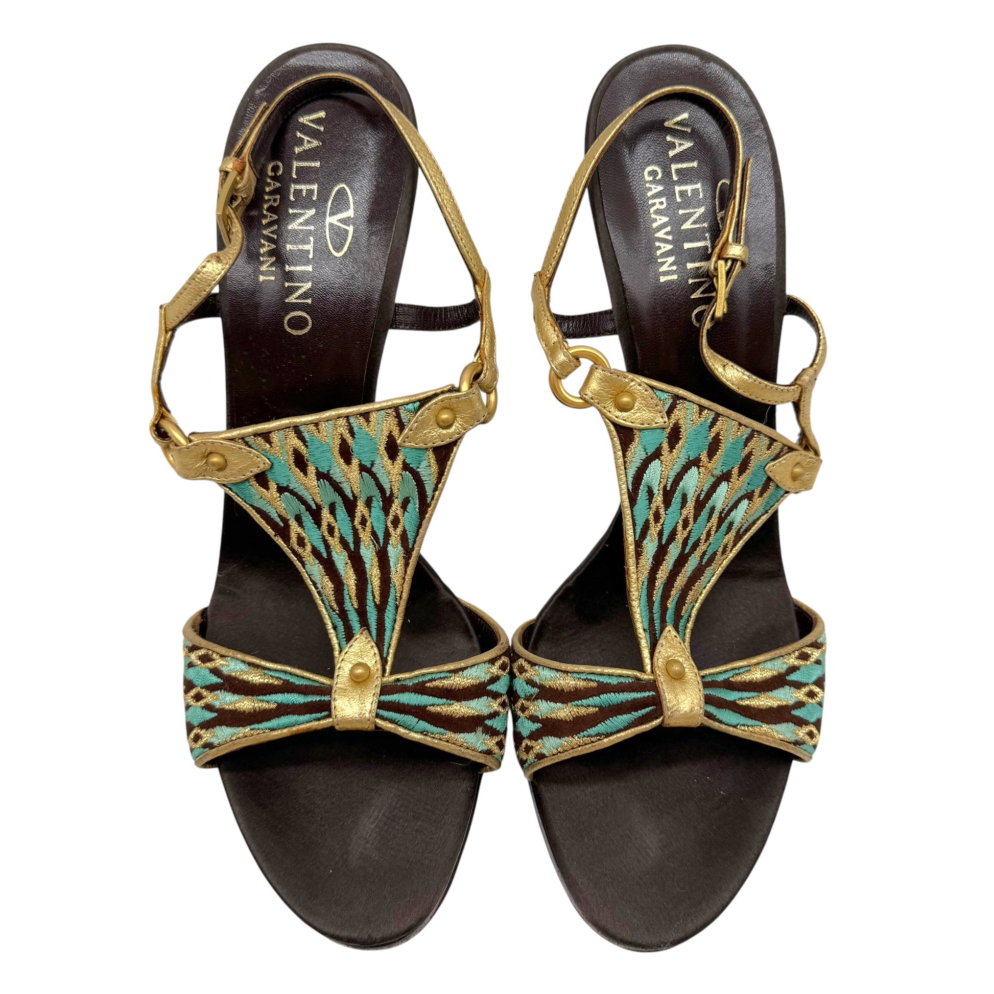 Valentino Garvani Turquoise Gold Embroidered Sandal Heels