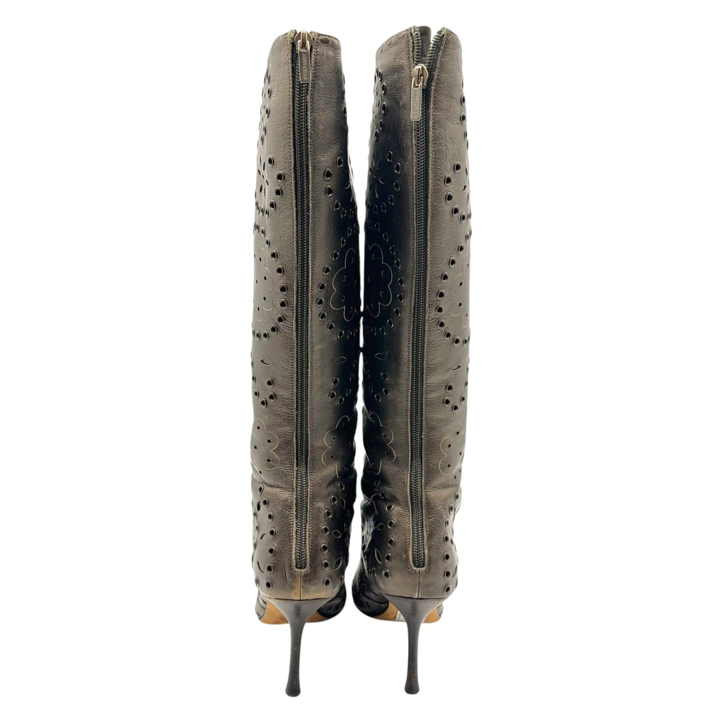 Jimmy Choo Bronze Leather Floral Print Grommet Boots