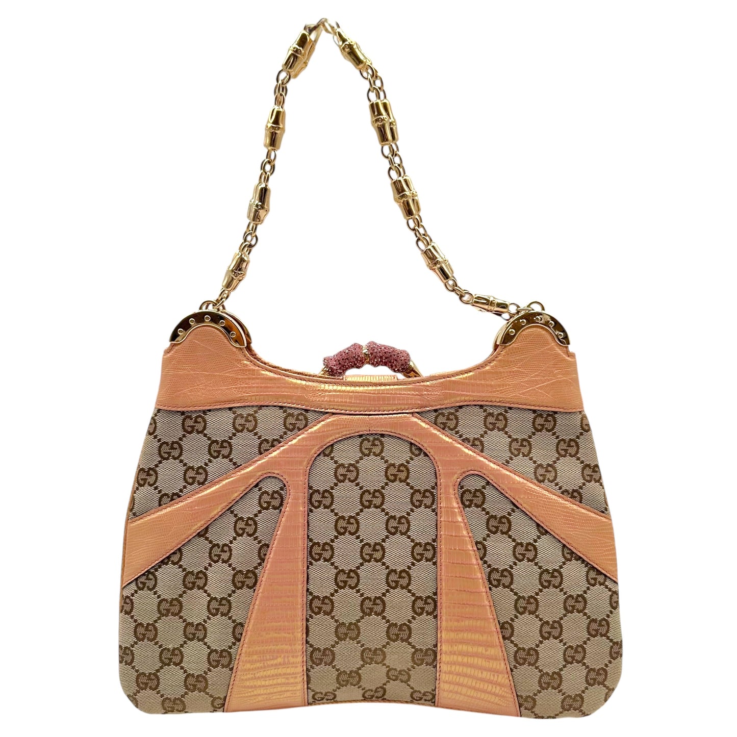 Gucci by Tom Ford S/S 2004 Tan Monogram & Pink Lizard Skin Crystal Bamboo Shoulder Bag