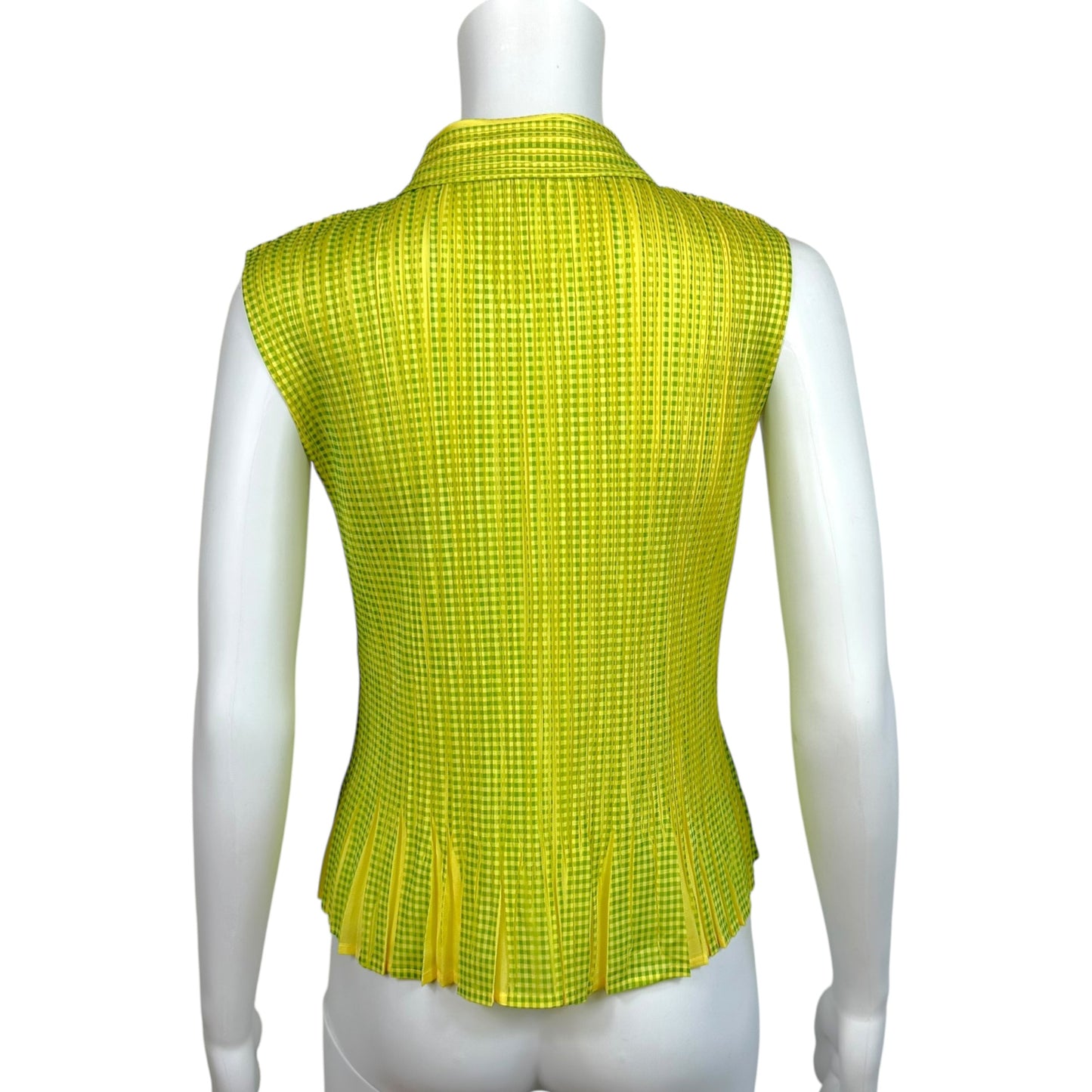 Issey Miyake Pleats Please Yellow & Green Gingham Print Pleated Button Up Sleeveless Blouse