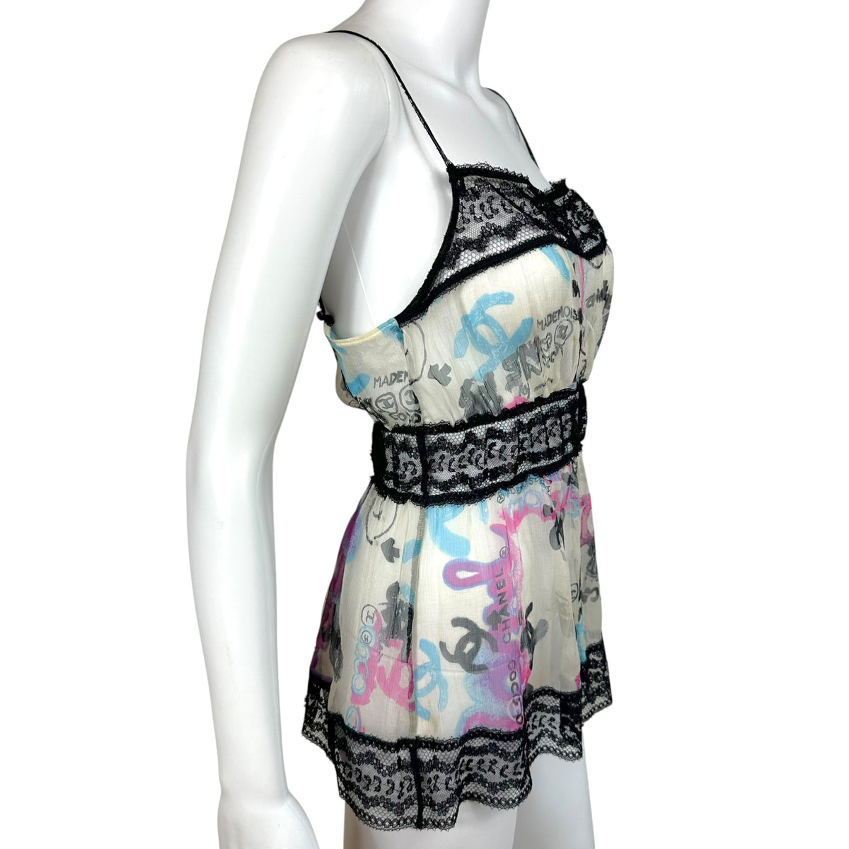 Chanel Cruise 2007 Sheer Silk & Lace Graffiti Logo Print Cami Blouse