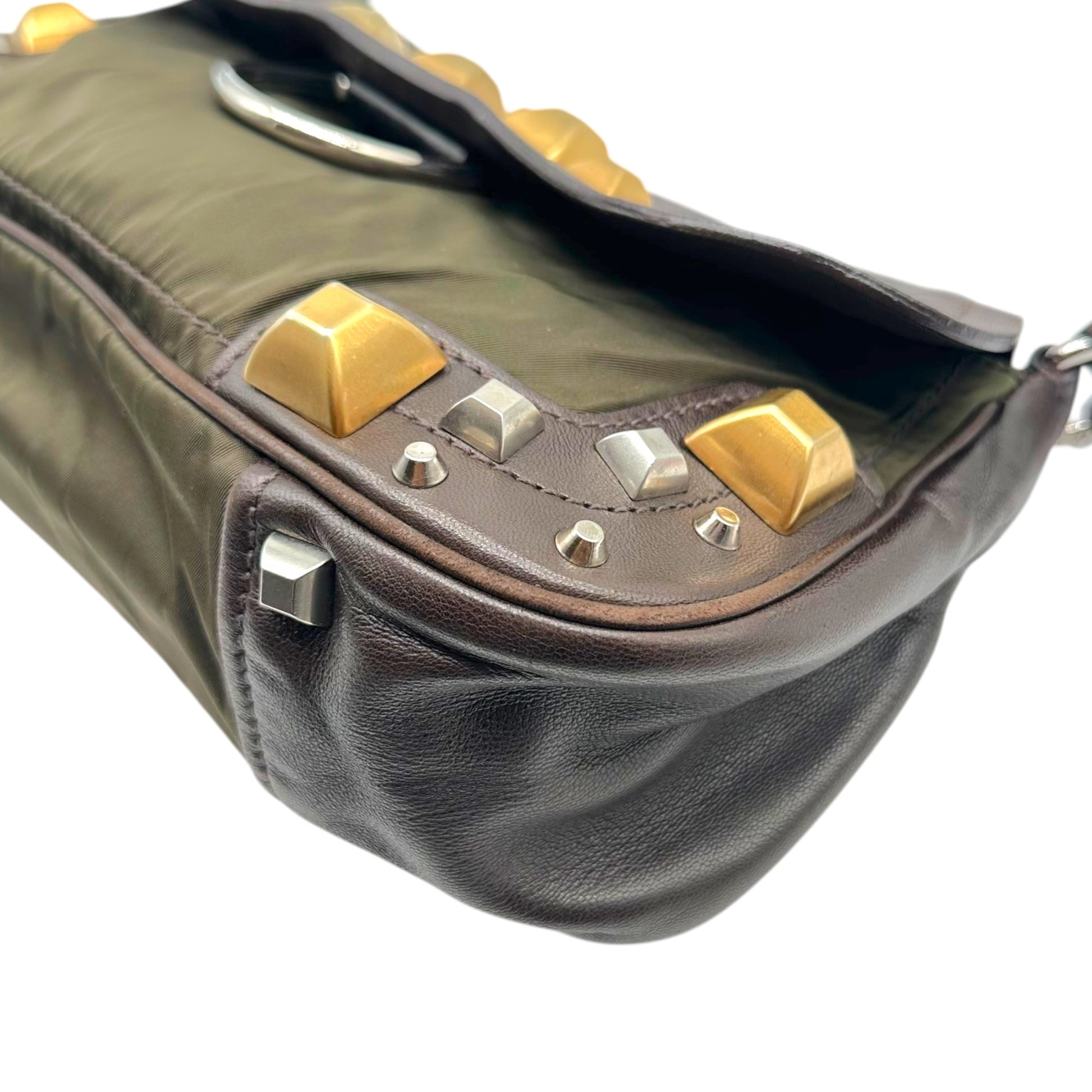 Prada Brown Leather Canvas Studded Shoulder Bag