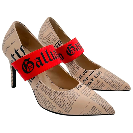 John Galliano Pointed Toe Heels Nude Newsprint Red Straps