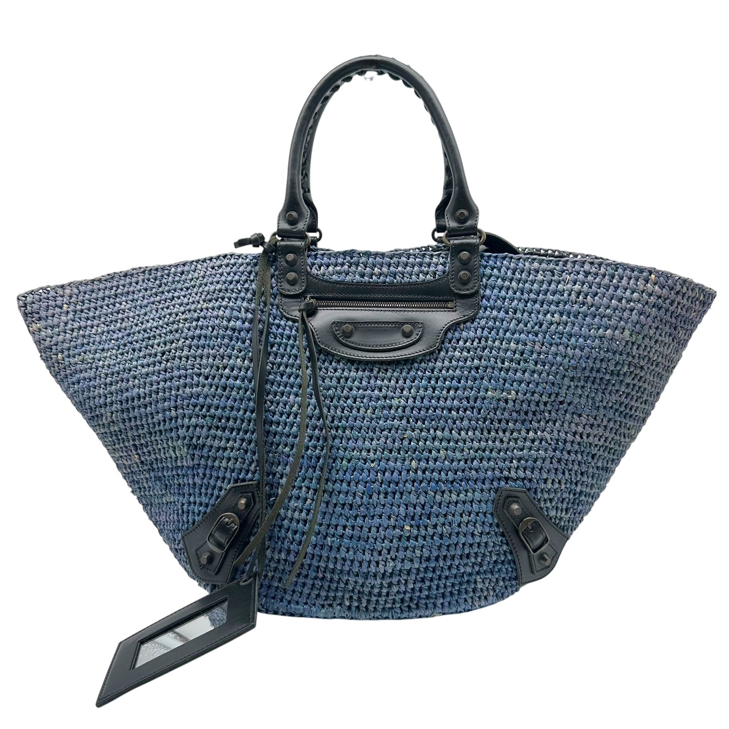 Balenciaga Large 2-Way City Beach Bag Blue Raffia Black Leather