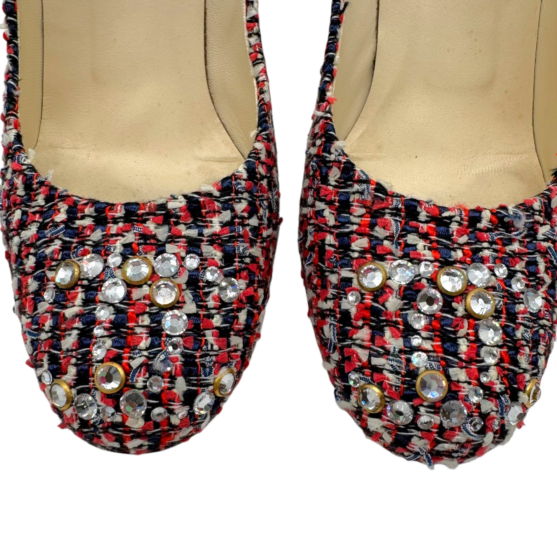 Chanel Red Blue Tweed Rhinestone CC Logo Heels