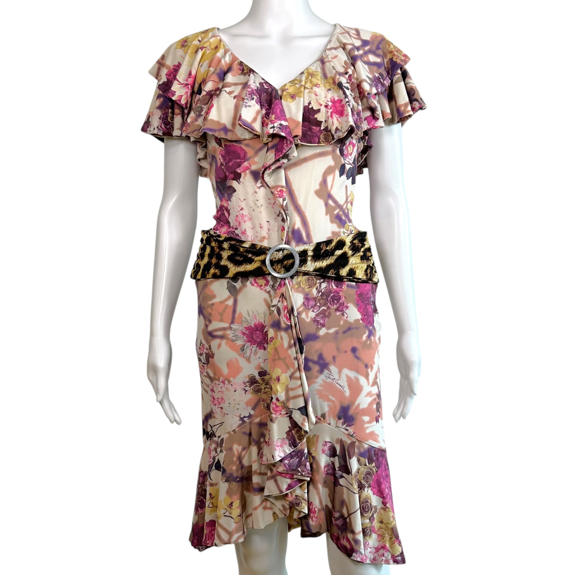 Roberto Cavalli Floral Leopard Print Ruffle Midi Dress