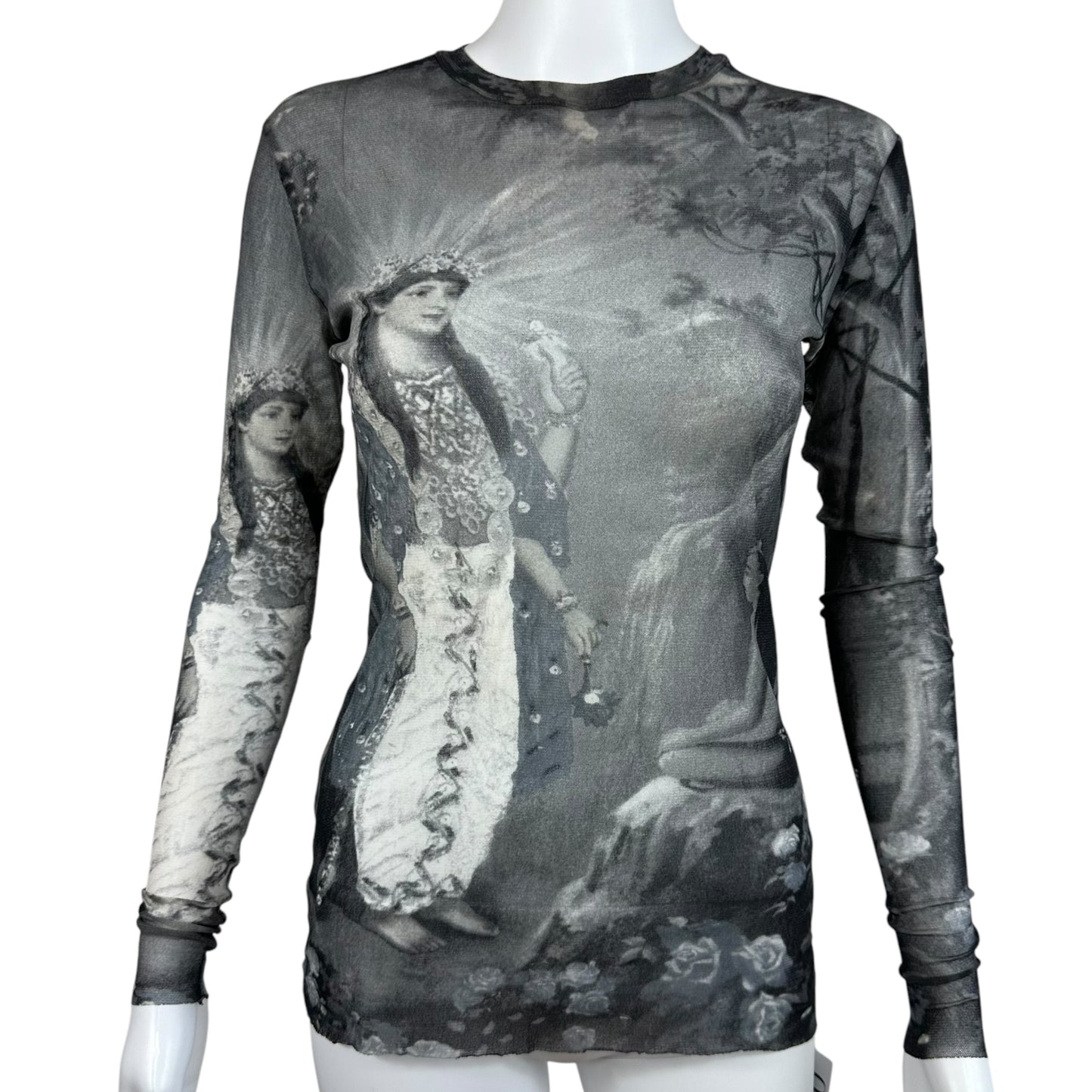 Jean Paul Gaultier Holy Figure Printed Mesh Long Sleeve Top