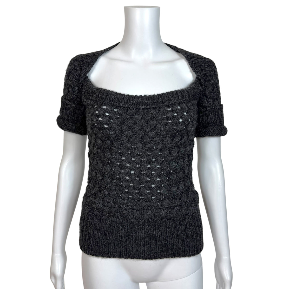 Dsquared2 Gray Wool Knit Square Neckline Short Sleeve Knit Top