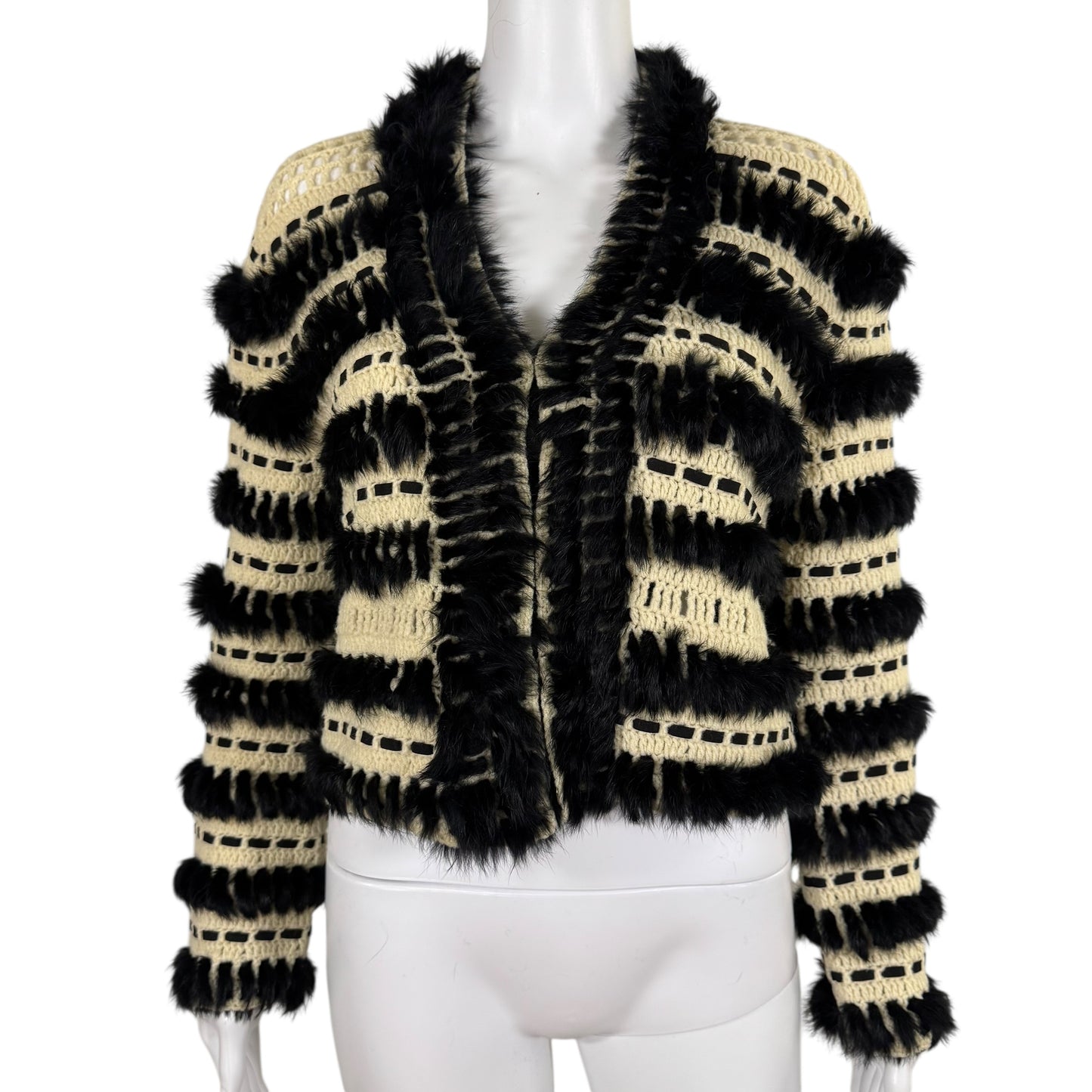 Just Cavalli Roberto Cavalli Black Rabbit Fur & Ivory Knit Cardigan
