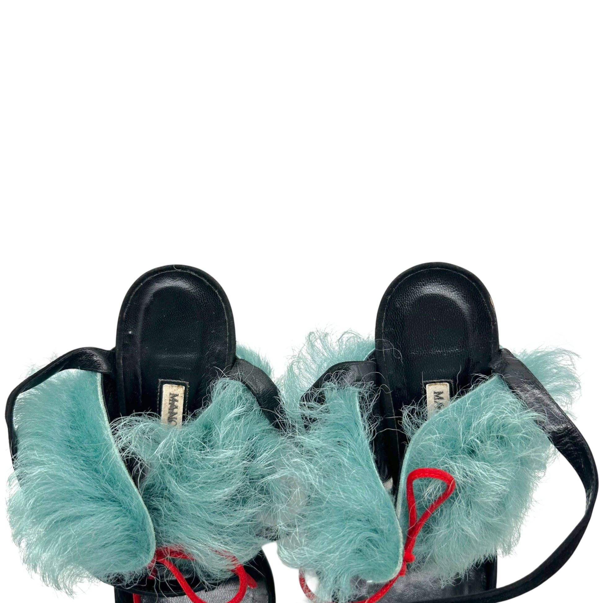 Manolo Blahnik Black Suede Teal Shearling Wrap Heels