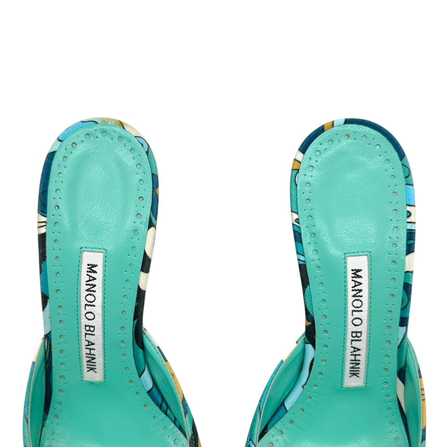 Manolo Blahnik Turquoise Swirl Print Kitten Heel Mules