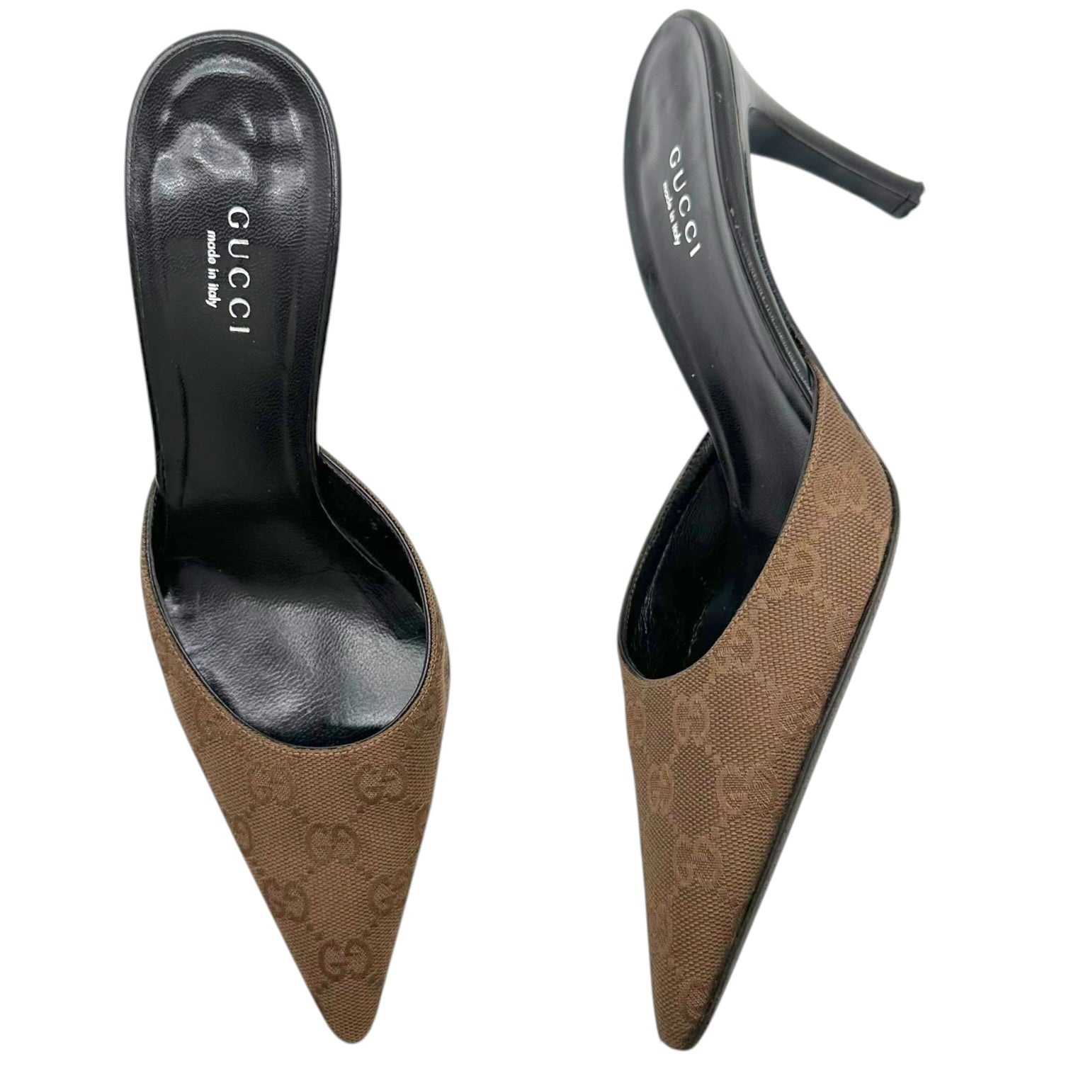 Gucci Tan Monogram Pointed Toe Kitten Heel Mules