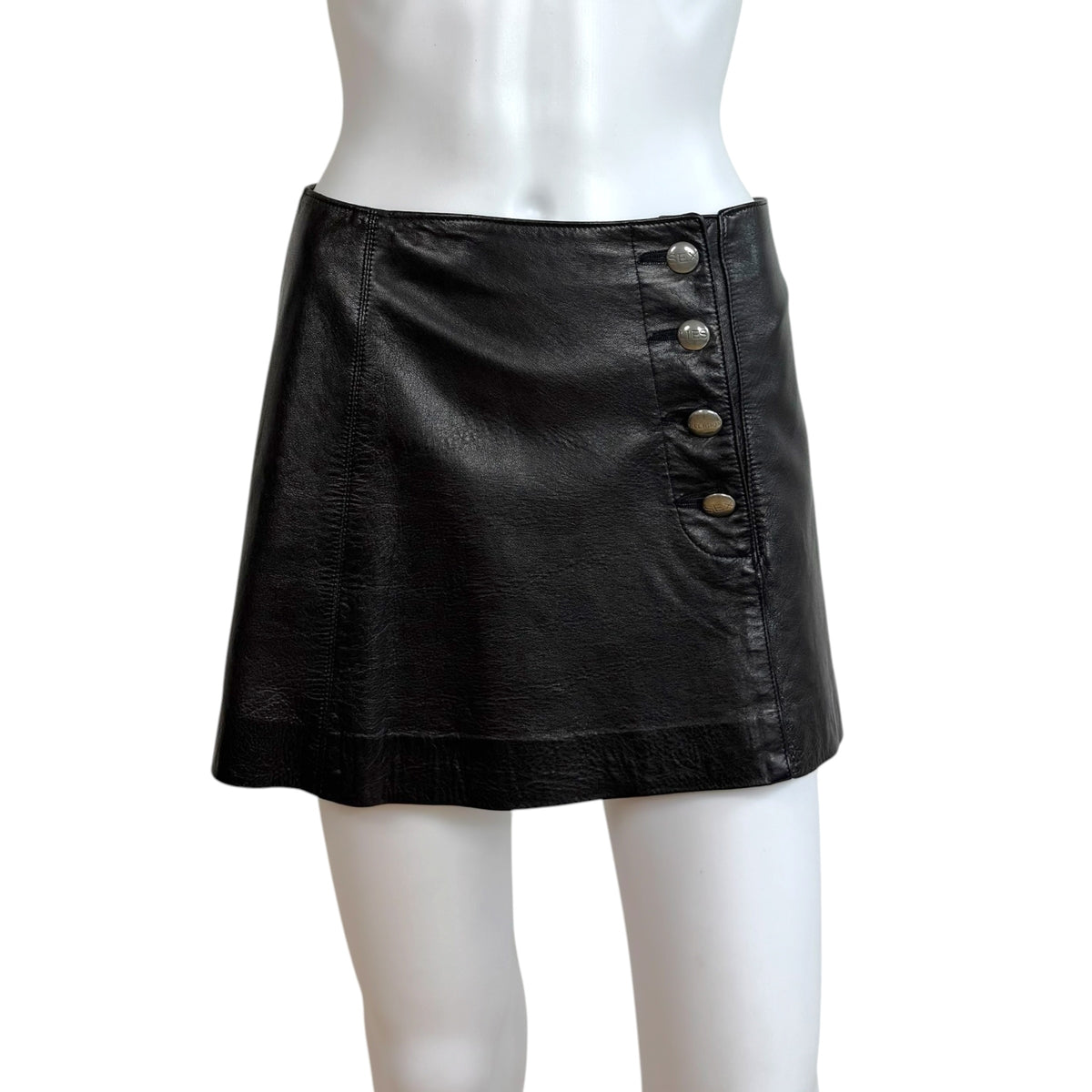 John Richmond Lambskin Mini Skirt Black Silver Buttons