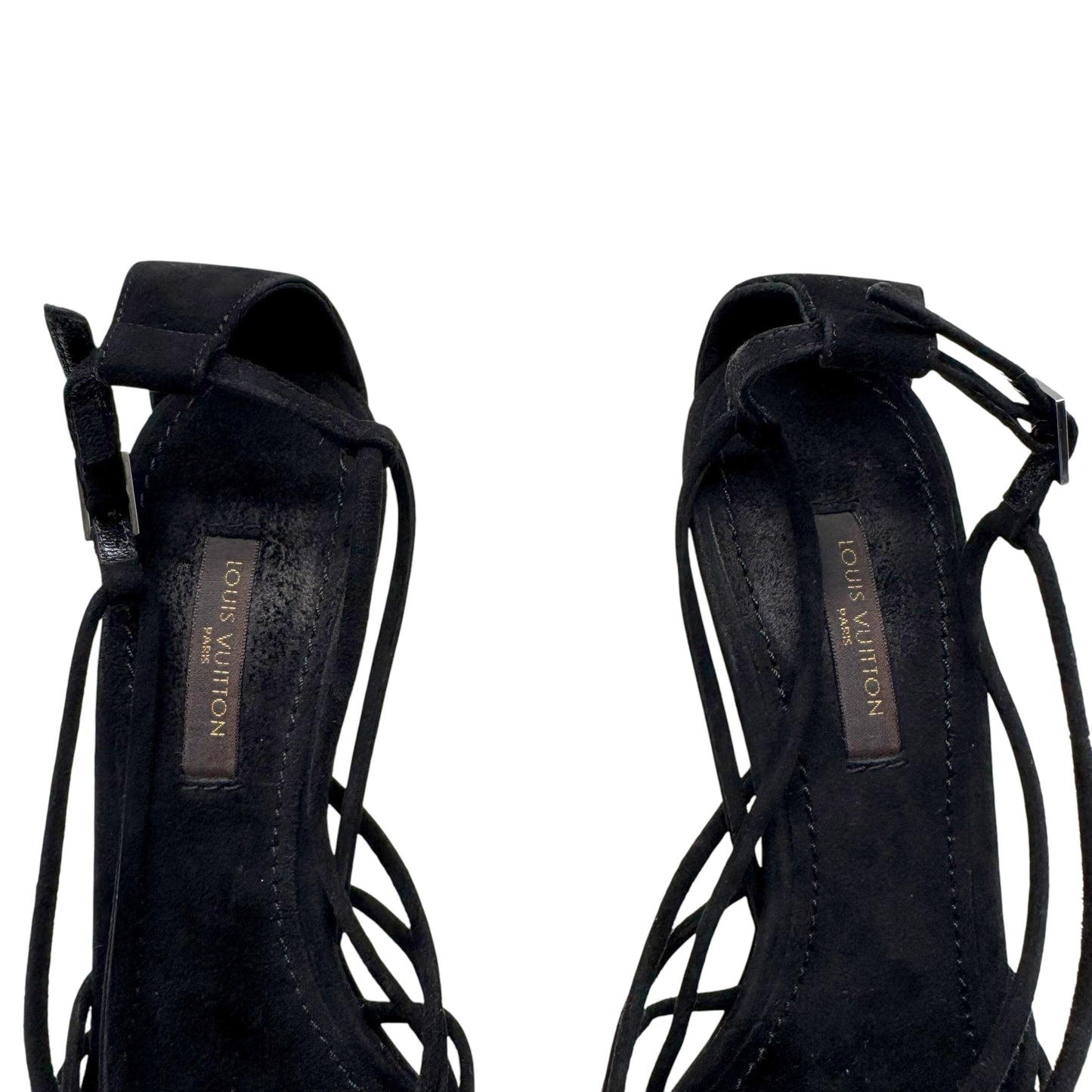Louis Vuitton Black Strappy Crystal Flower Logo Sandal Heels