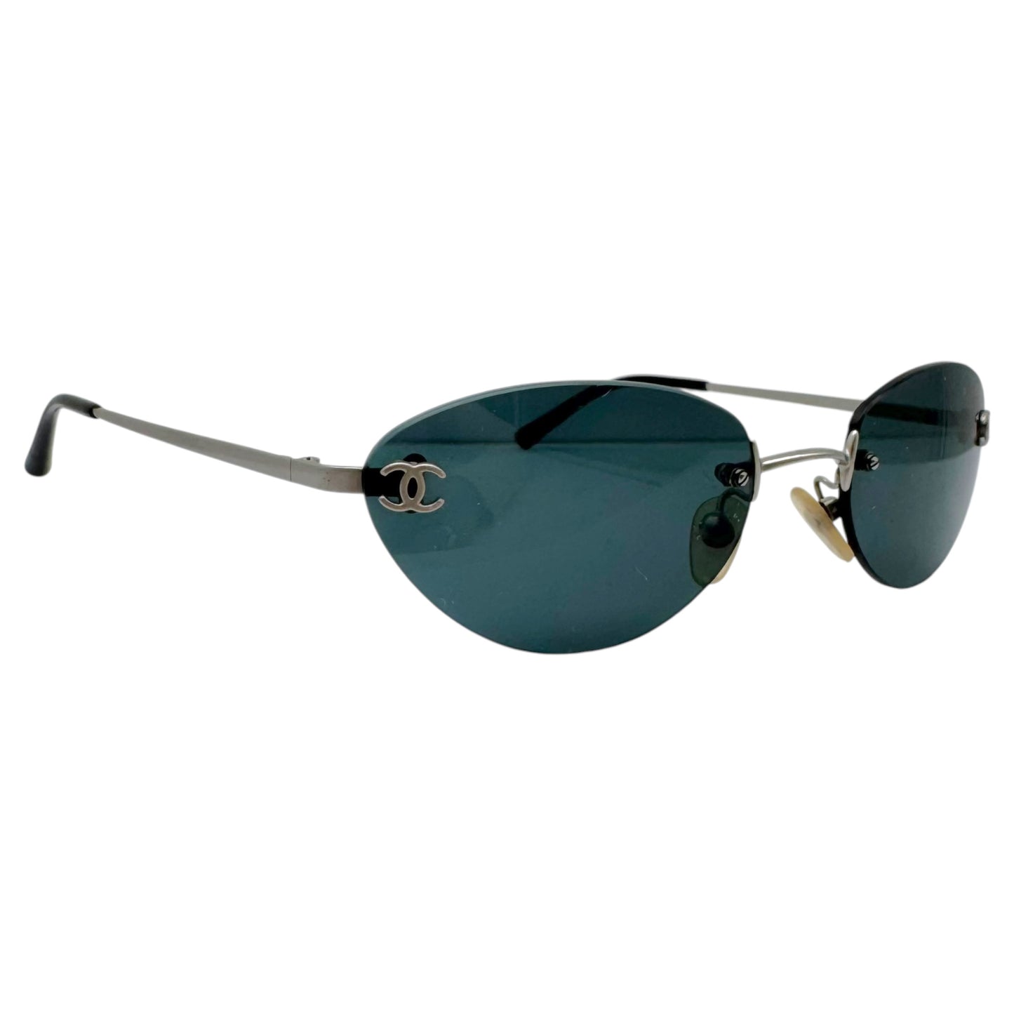 Chanel Rimless Oval Sunglasses Black Silver Logo