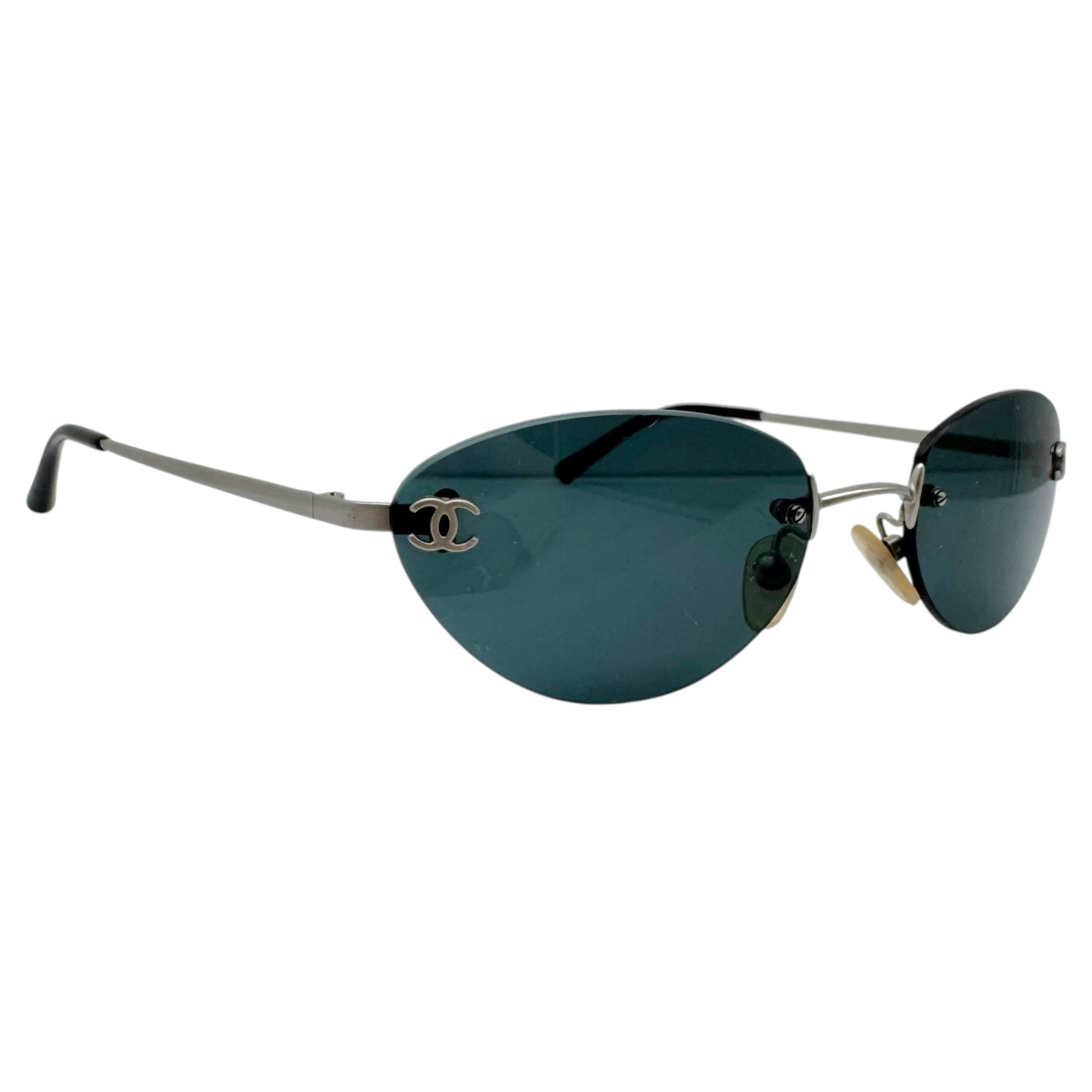 Chanel Rimless Oval Sunglasses Black Silver Logo