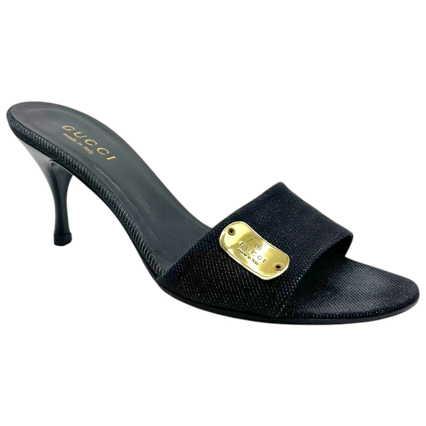 Gucci Dark Wash Denim Gold Kitten Heel Mules