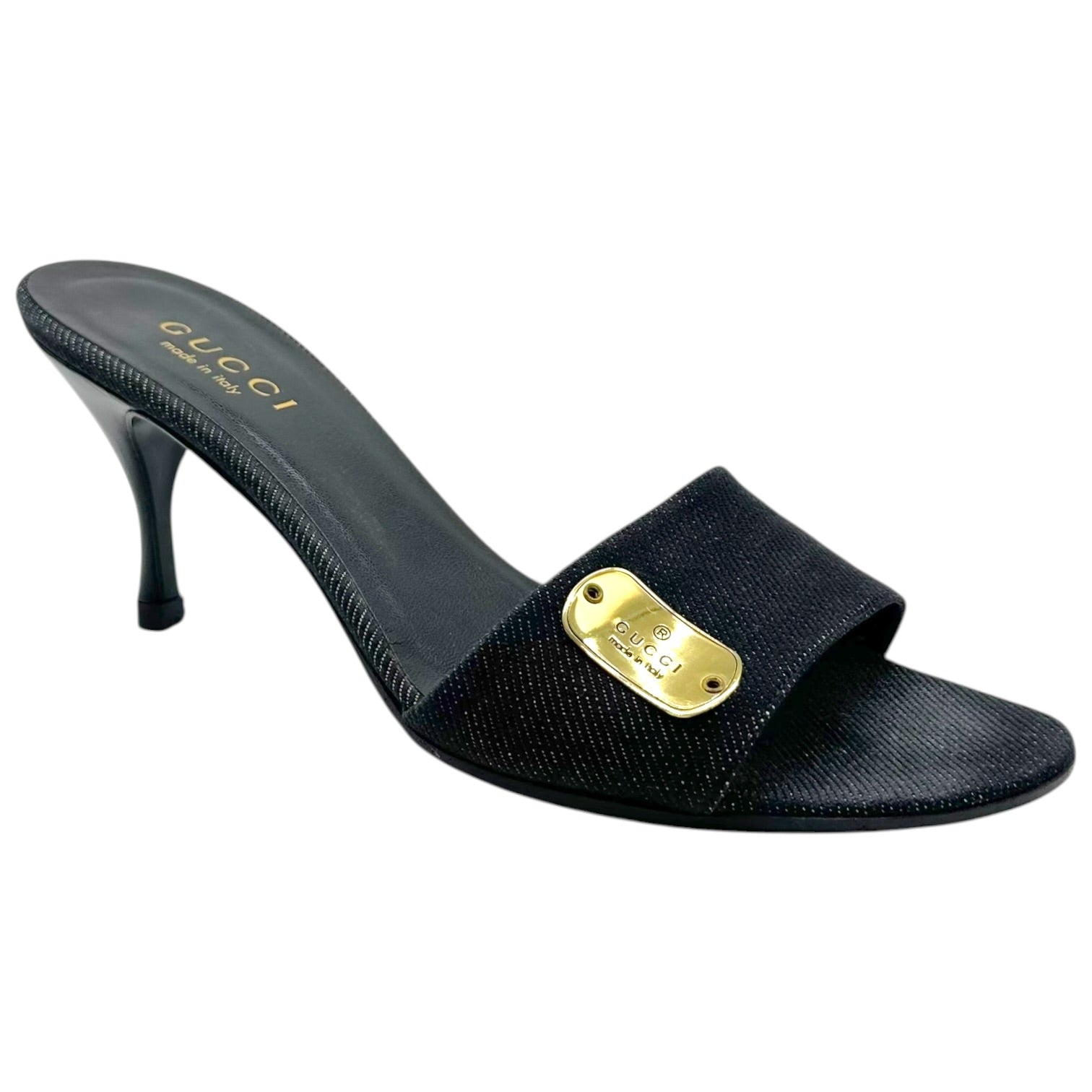 Gucci Dark Wash Denim Gold Kitten Heel Mules