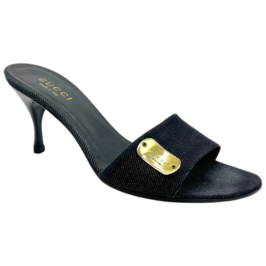 Gucci Dark Wash Denim & Gold Kitten Heel Mules