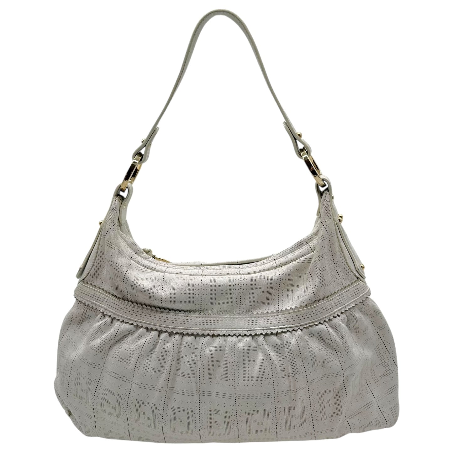 Fendi White Perforated Leather  Zucca Monogram Medium Chef Bag - Outfit Repeater