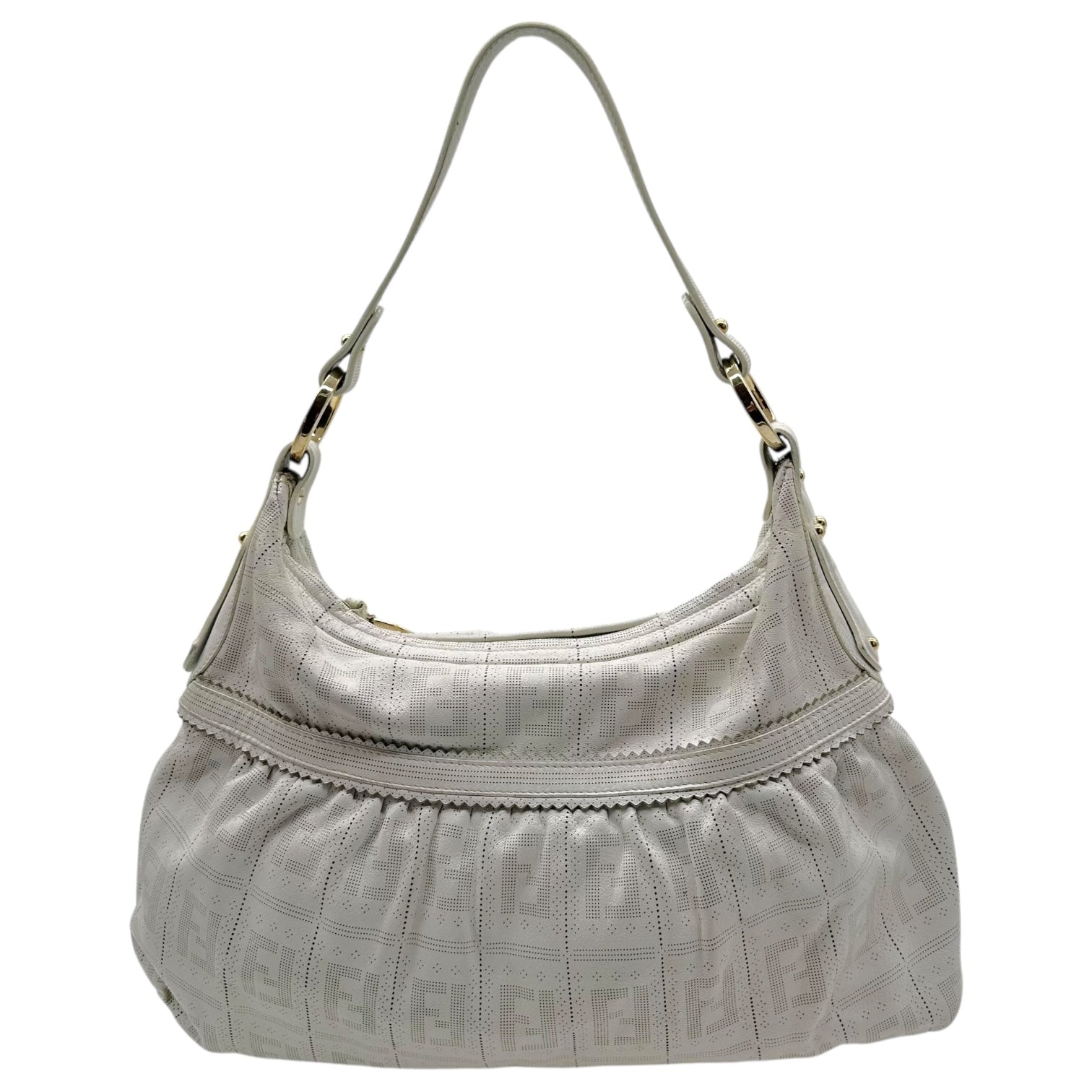 Fendi White Perforated Leather  Zucca Monogram Medium Chef Bag - Outfit Repeater