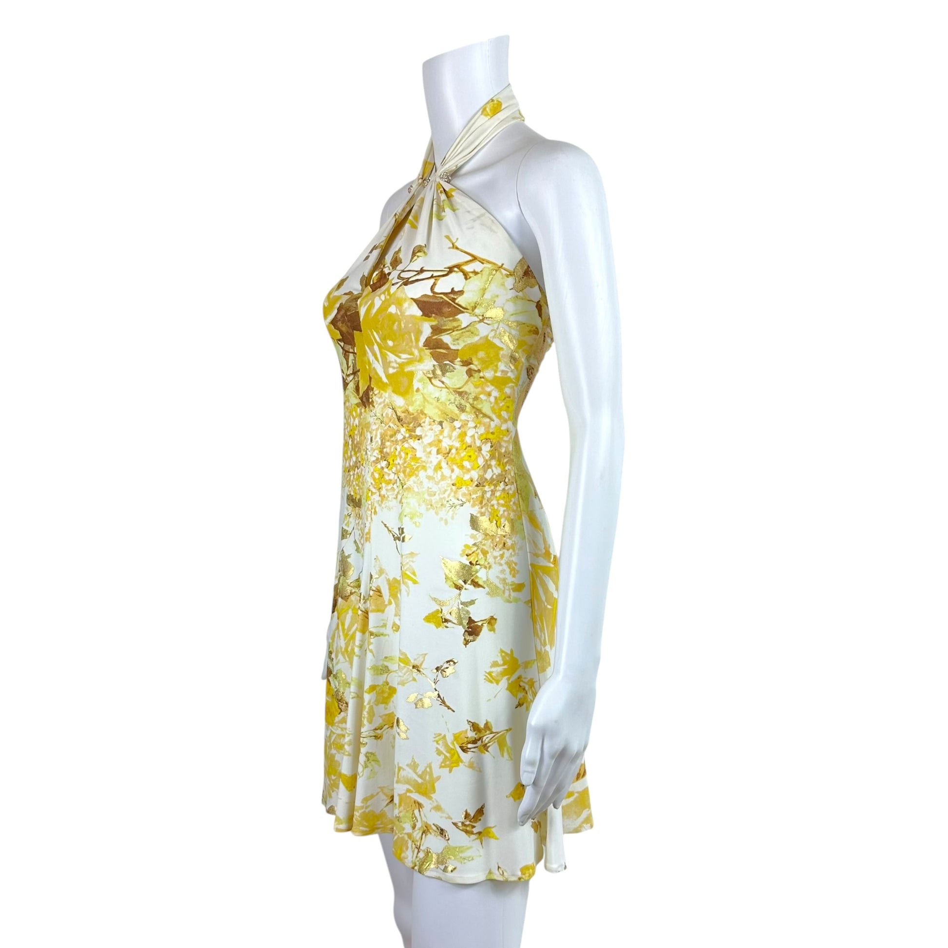 Roberto Cavalli Halter Mini Dress Yellow Gold Floral Print