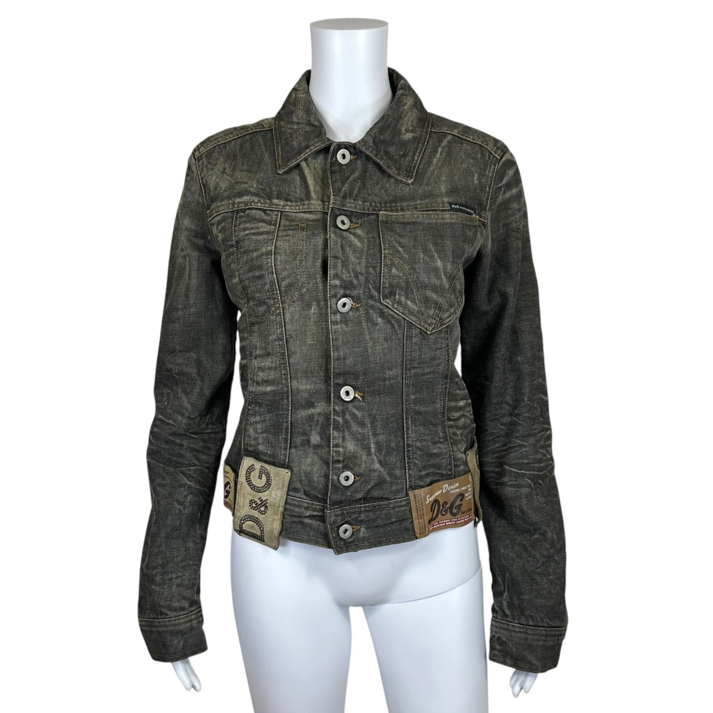 D&G Dolce & Gabbana Gray Denim Multi-Logo Patch Jacket