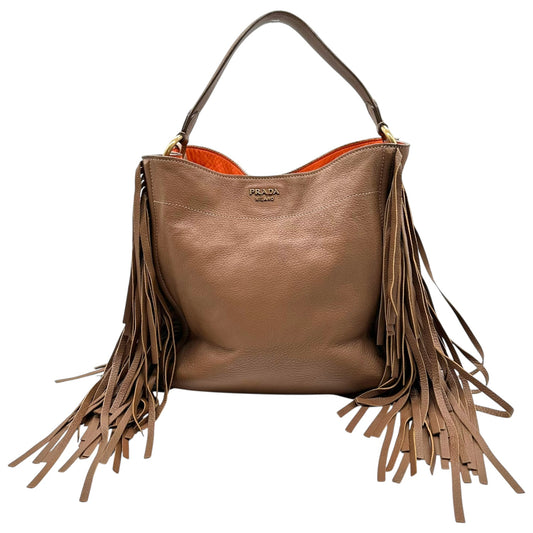 Prada Tan Deerskin Leather Fringe Trim Hobo Bag