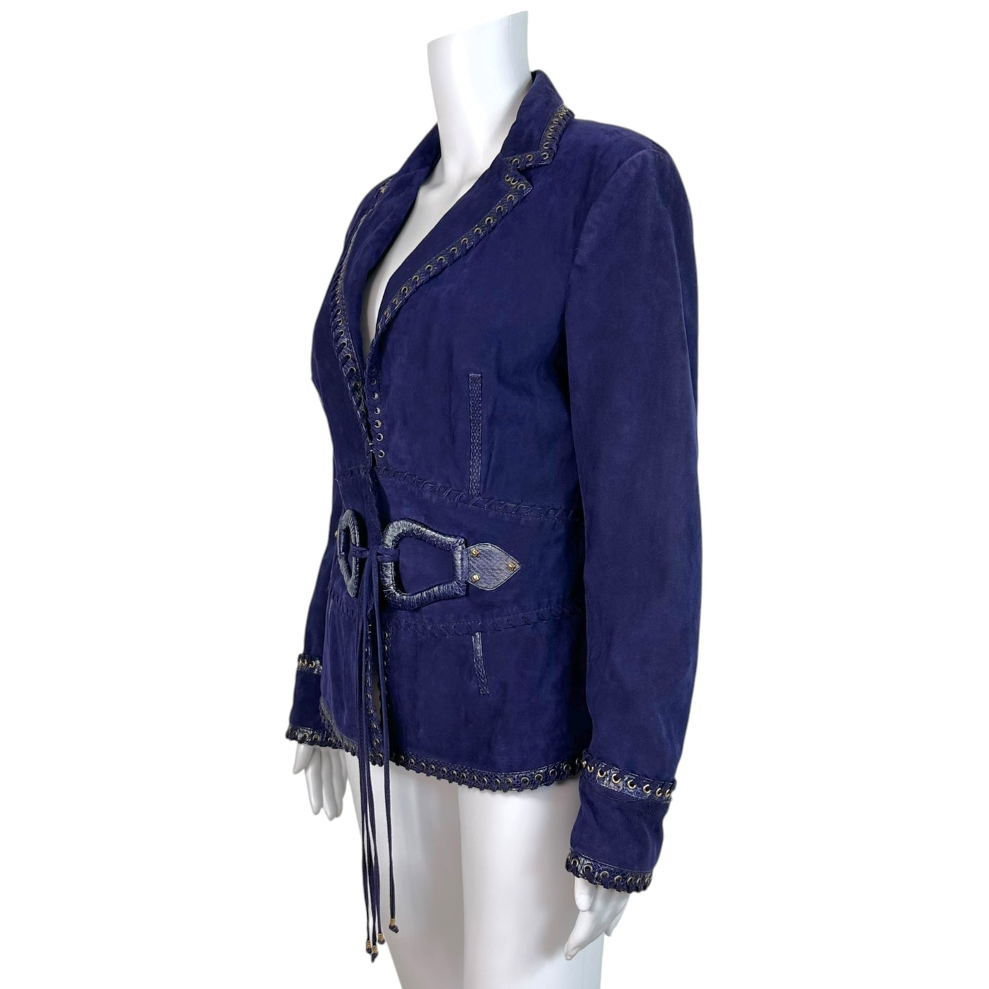 Roberto Cavalli Navy Blue Suede Blazer Jacket With Gold Trim