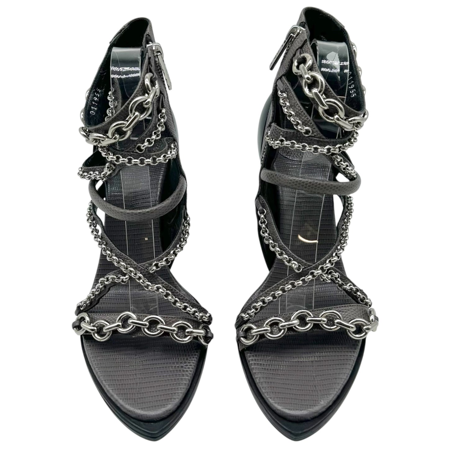 Chloé Dark Gray Lizard Embossed Silver Chain Strappy Sandal Heels