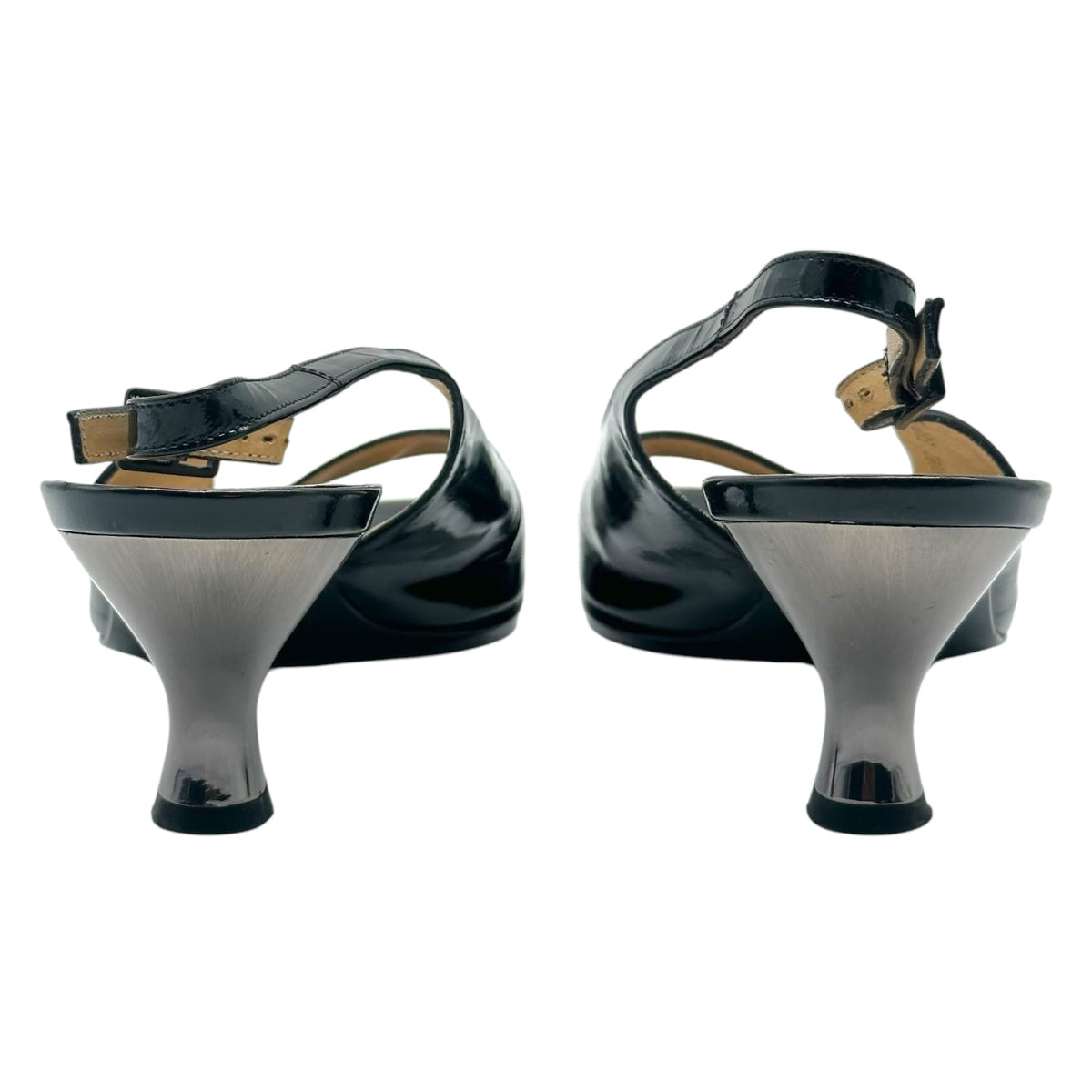 Salvatore Ferragamo Black Patent & Silver Kitten Heel Slingback Sandals