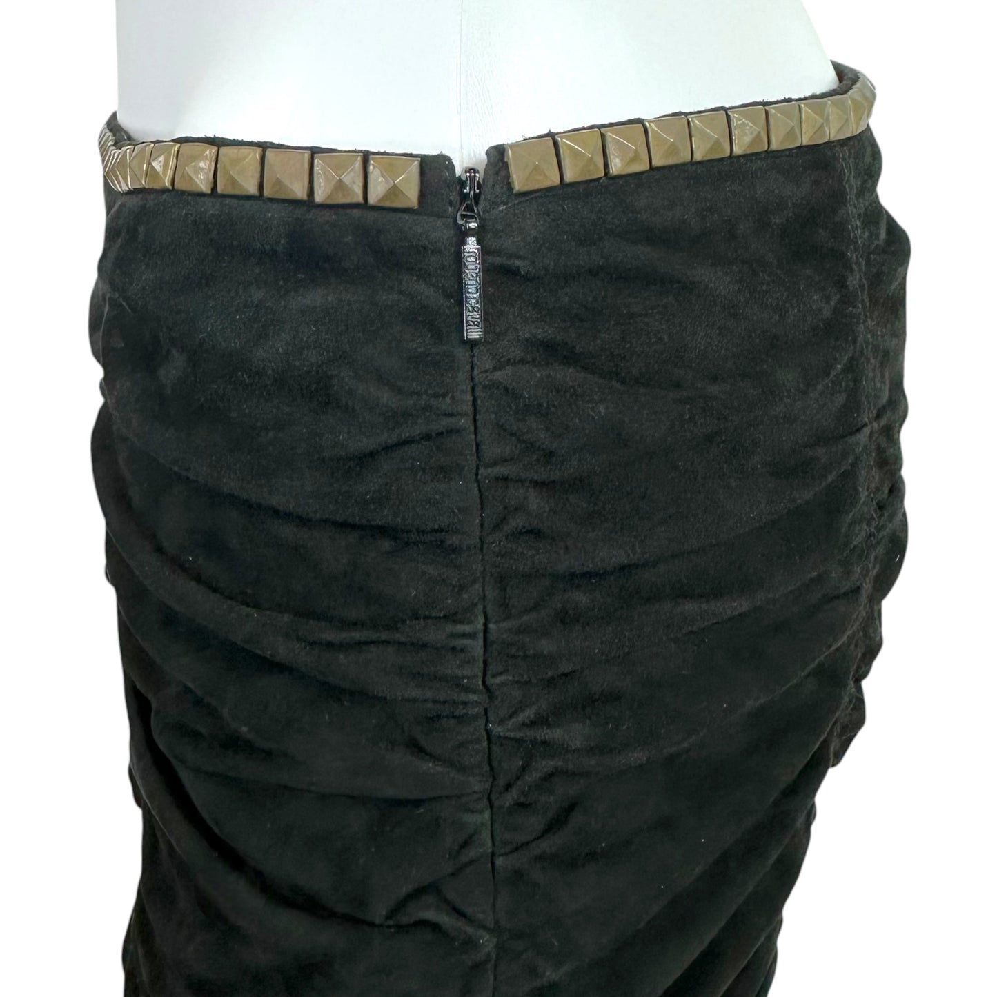 Roberto Cavalli 2005 Studded Gathered Suede Midi Skirt