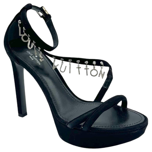Louis Vuitton Melody Rhinestine Logo Charm Black Suede Platform Heeled Sandals