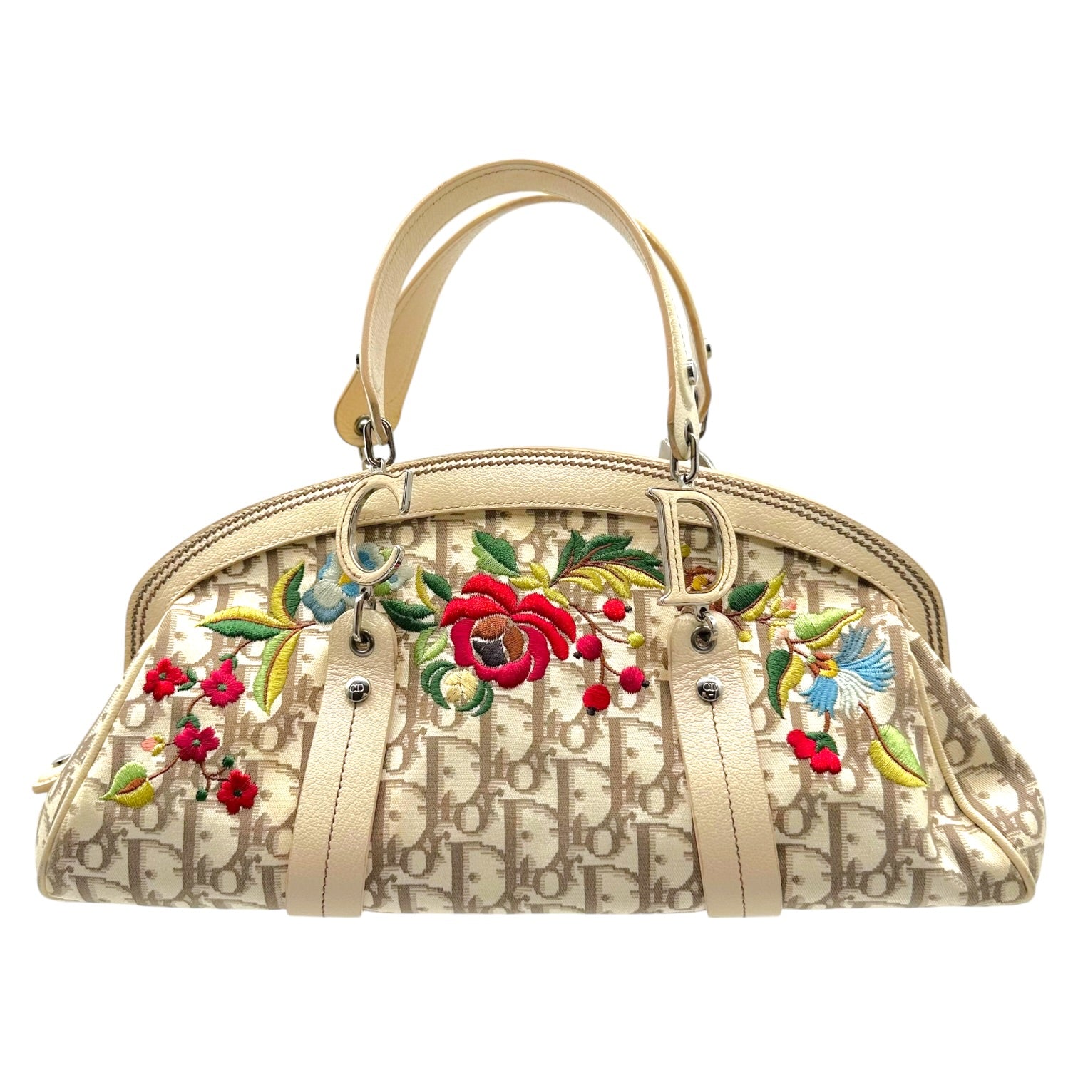 Christian Dior Ivory Floral Embroidered Bowler Bag