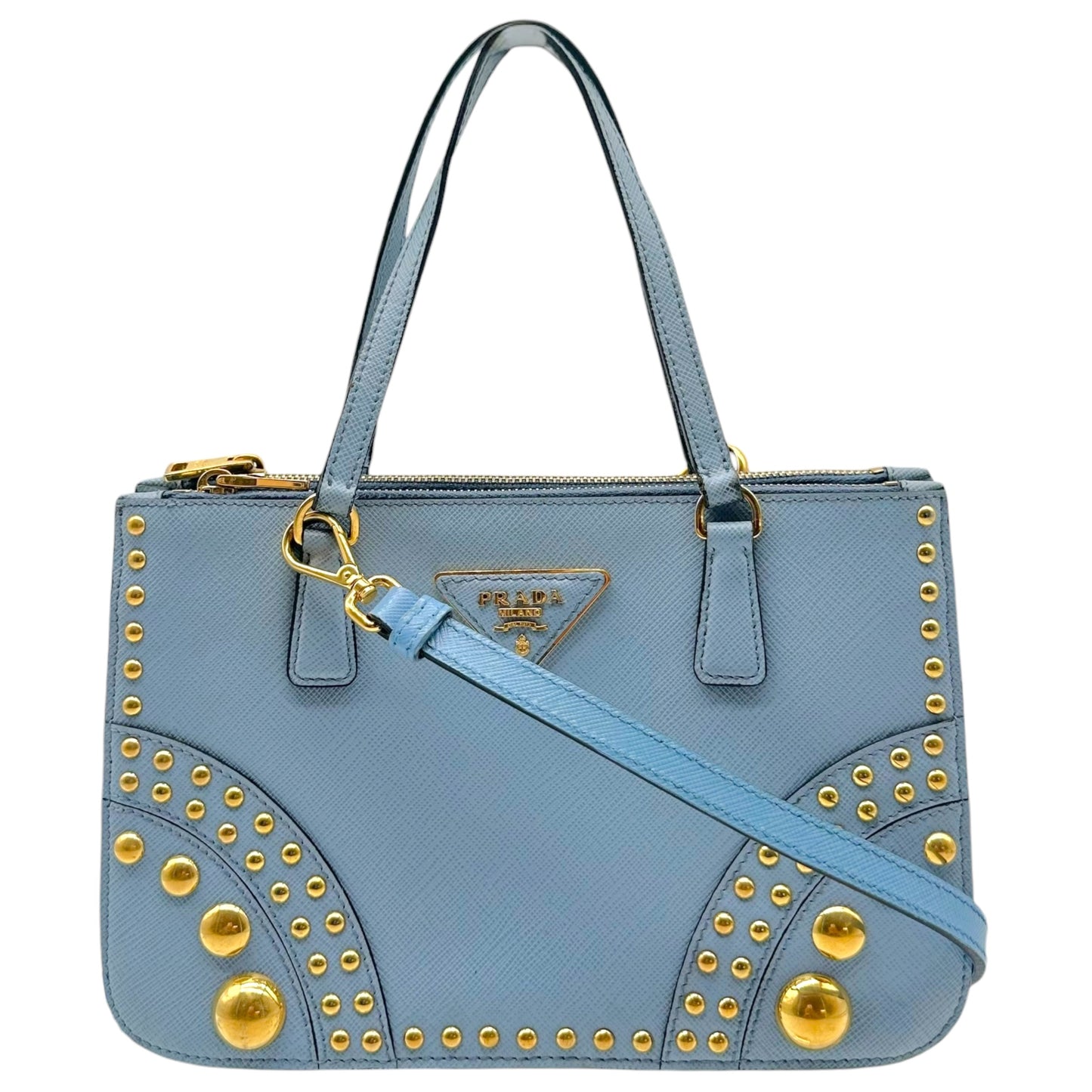 Prada Light Blue & Gold Studded Saffiano 2-Way Mini Tote Bag