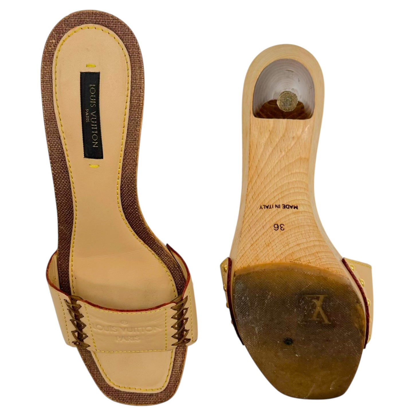 Louis Vuitton Beige Leather Whipstitch Kitten Heel Mules