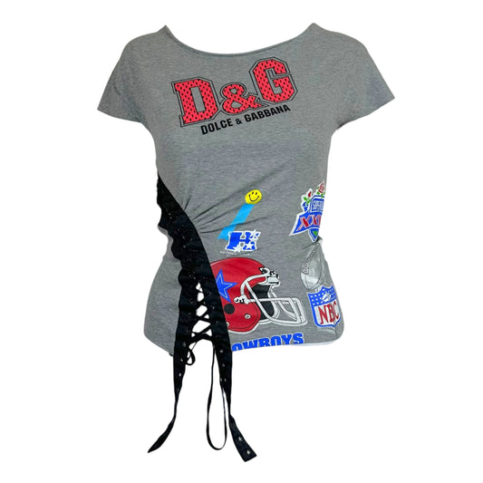D&G Dolce & Gabbana Sports Graphic Lace Up Off-Shoulder T-Shirt