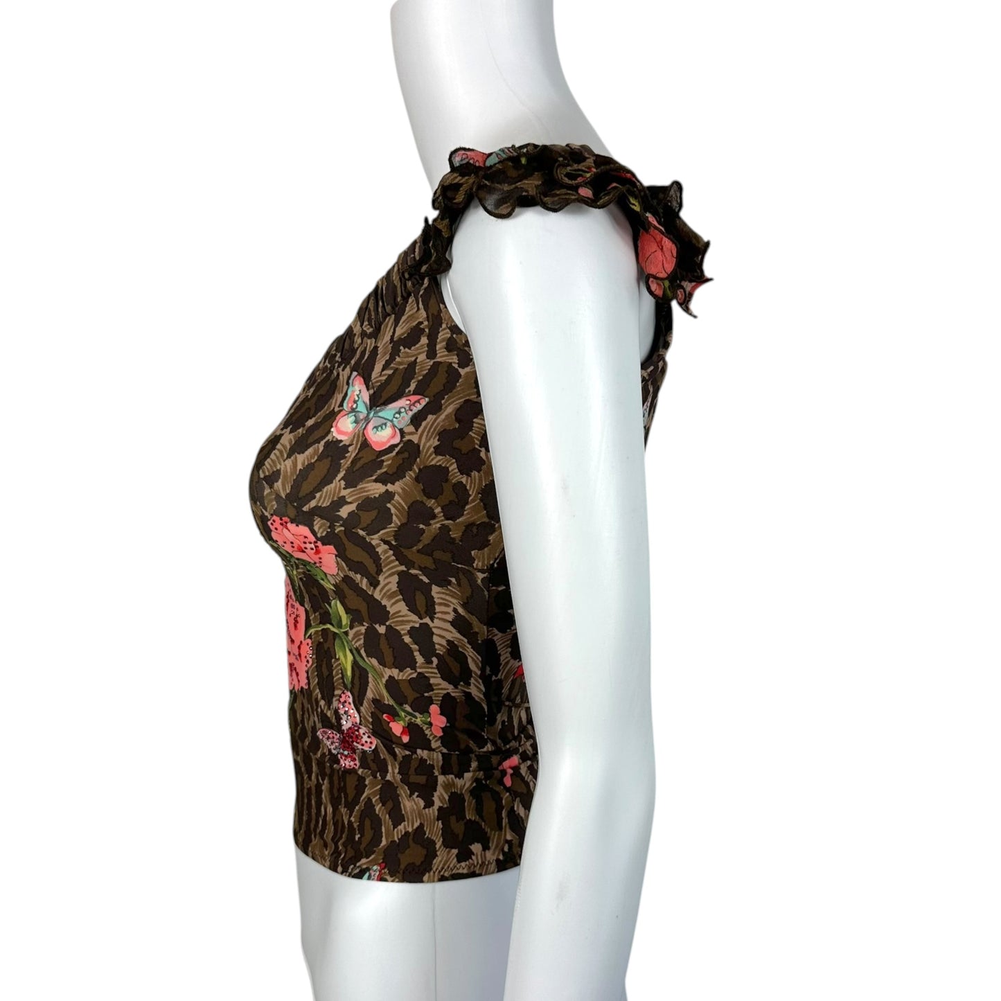 Blumarine Leopard & Floral Print Rhinestone Asymmetrical Tank Top