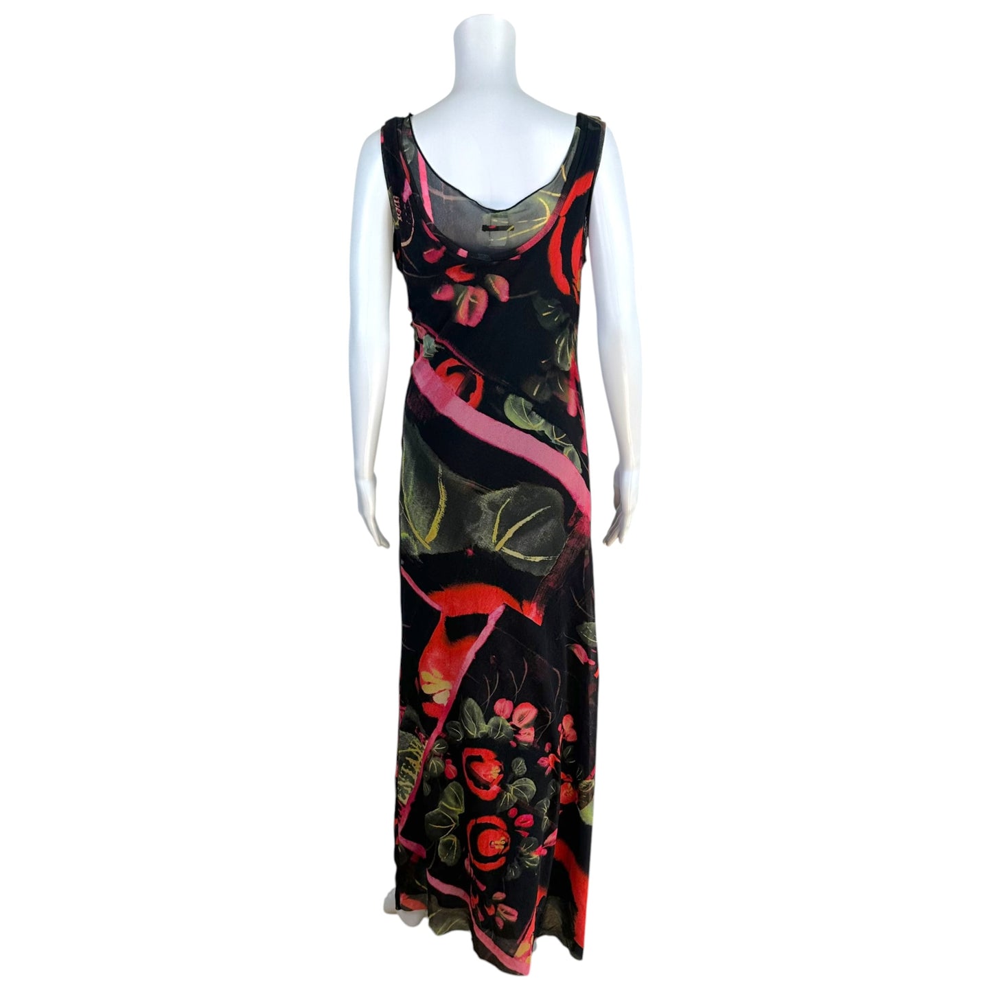 Jean Paul Gaultier Soleil Black & Red Floral Print Cowl Neck Mesh Maxi Dress