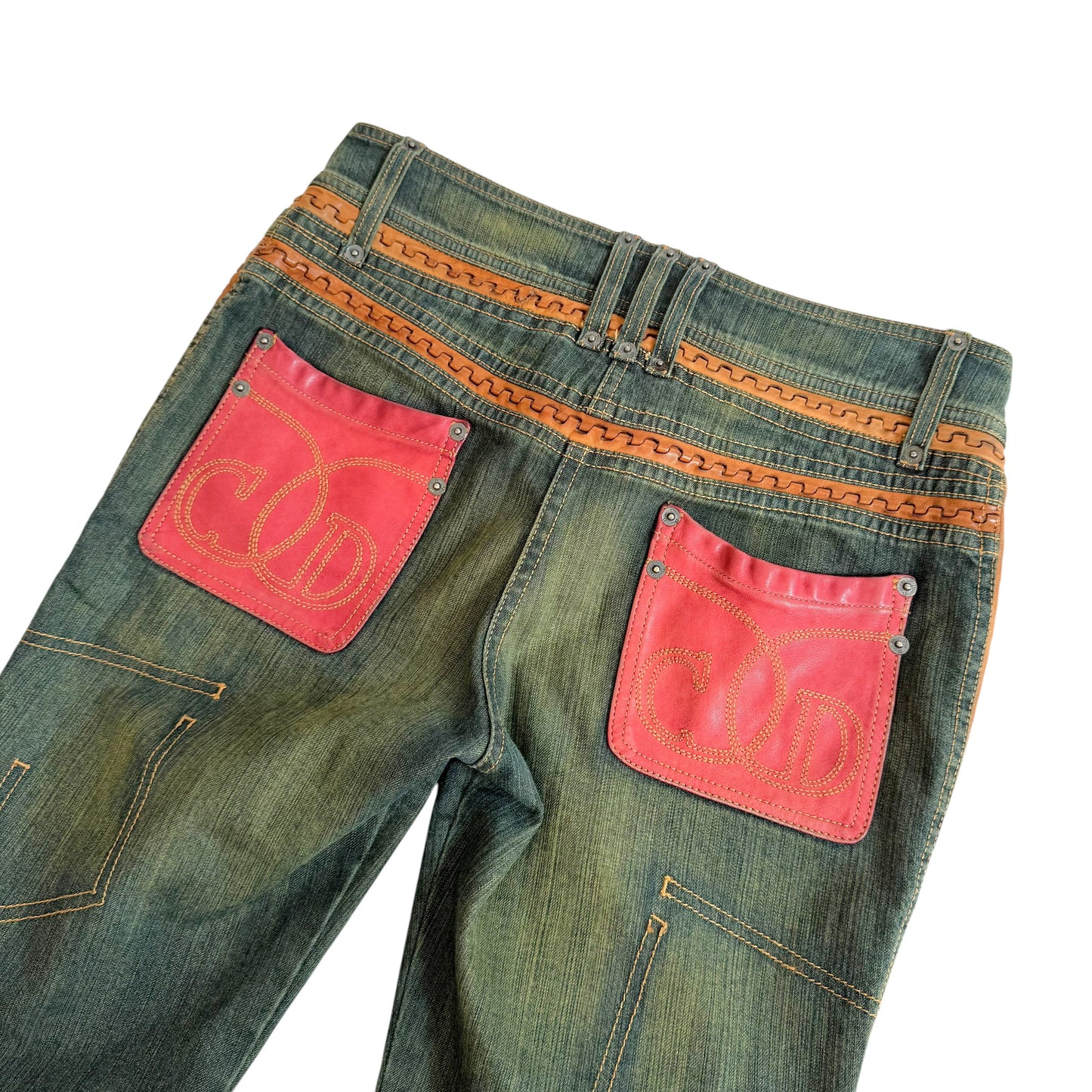 Christian Dior Denim Capri Pants Burgundy Leather Trim