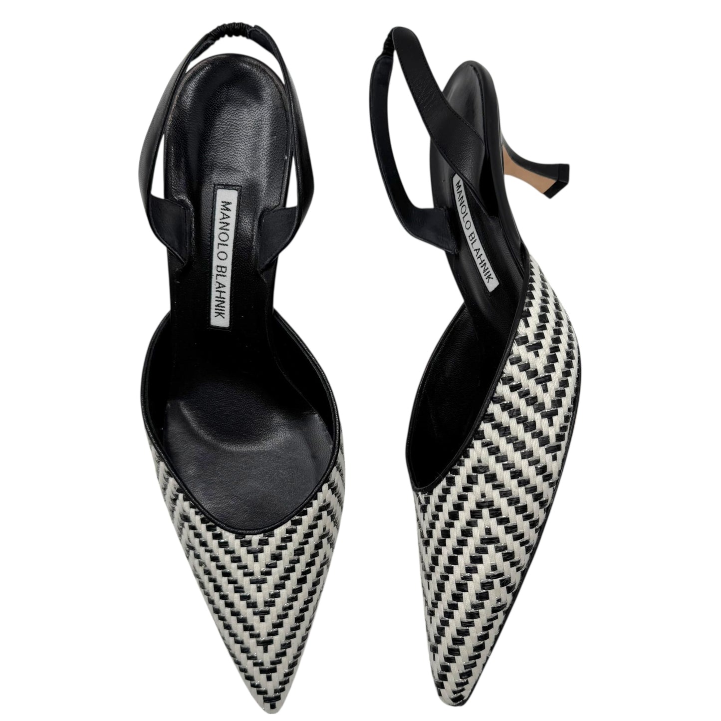 Manolo Blahnik Black & White Raffia Slingback Heels - Outfit Repeater