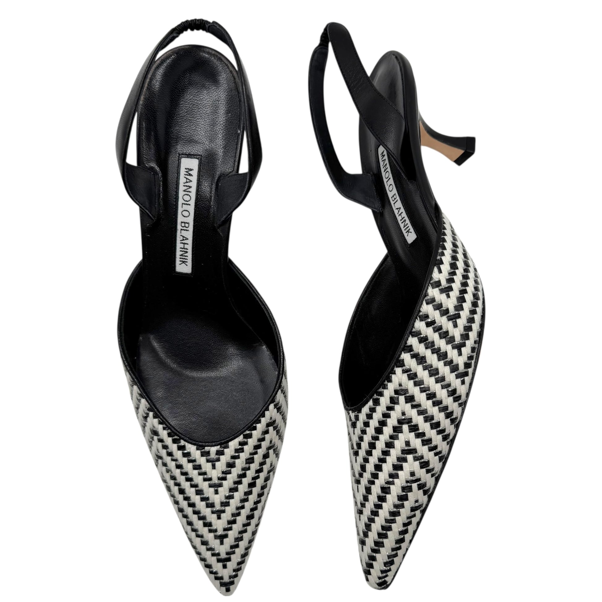 Manolo Blahnik Black & White Raffia Slingback Heels - Outfit Repeater