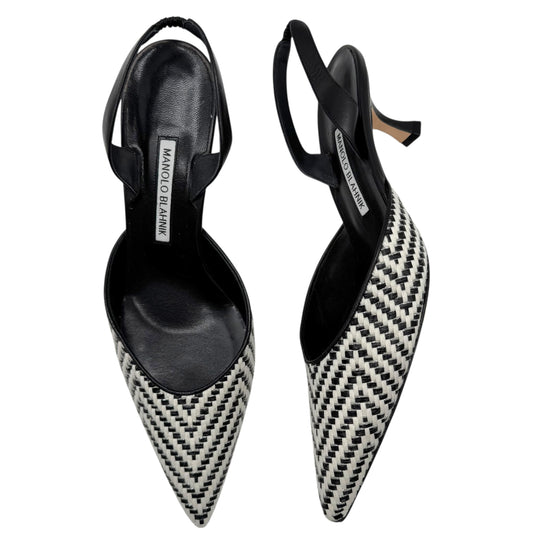 Manolo Blahnik Black & White Raffia Slingback Heels - Outfit Repeater