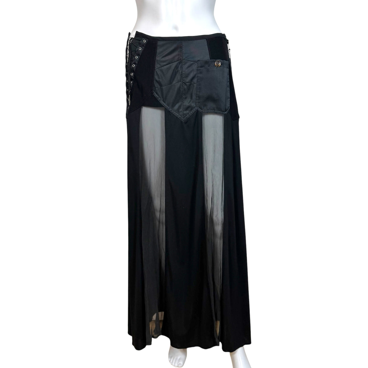 Jean Paul Gaultier Black Sheer Silk Paneled Lace-Up Side Maxi SKirt