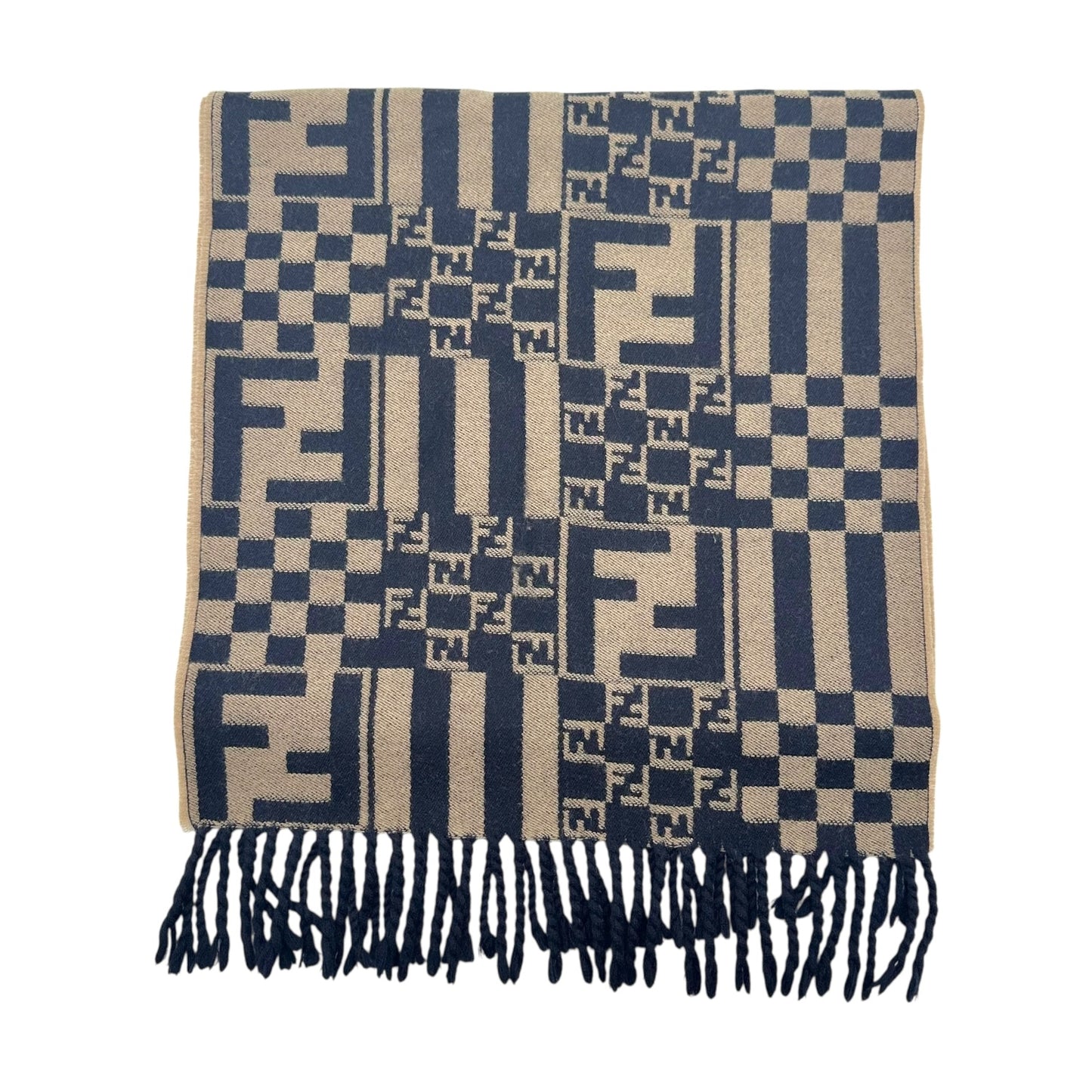 Fendi Navy Blue & Tan Checkered & Monogram Wool Scarf