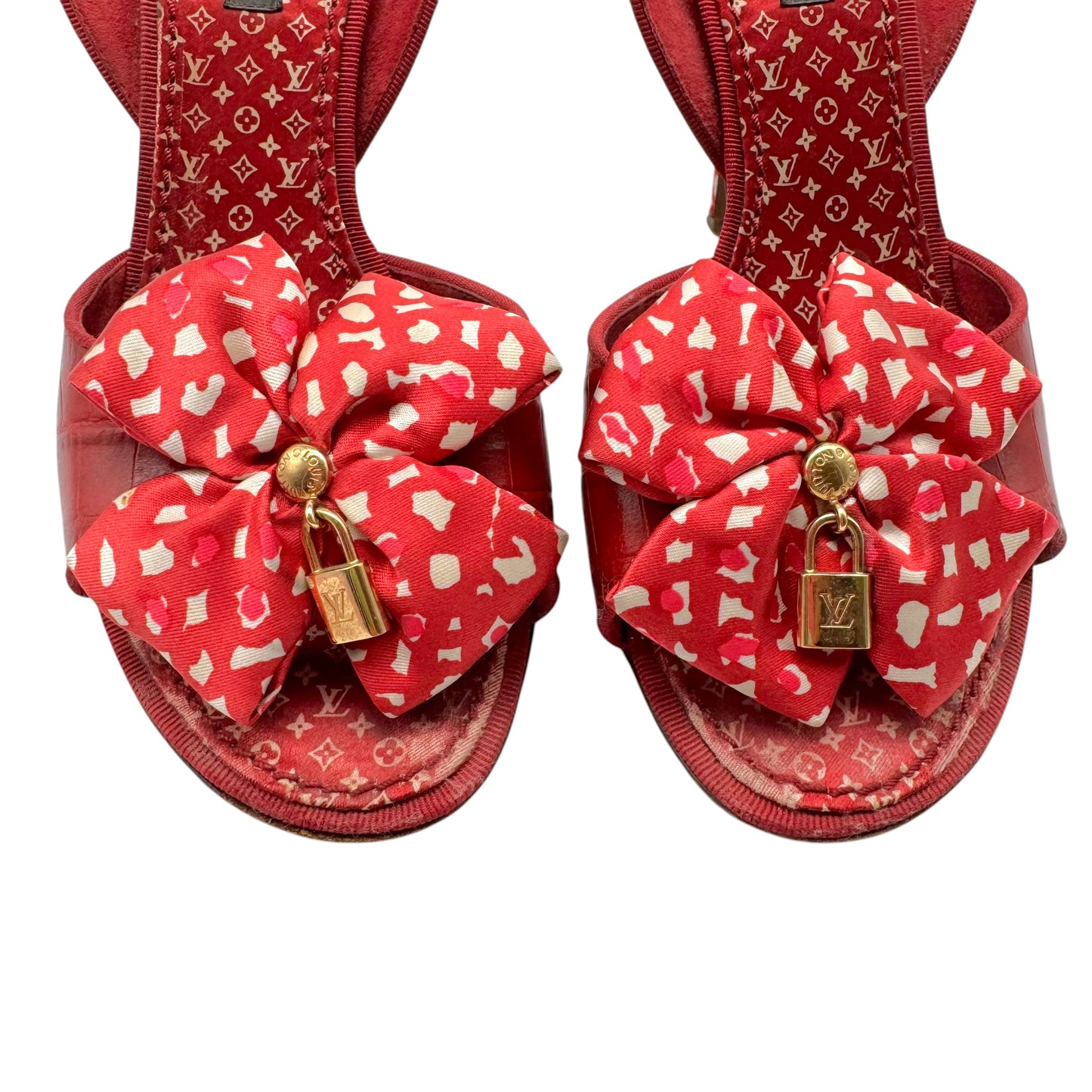 Louis Vuitton Red & White Gingham Silk & Crock Slingback Sandal Heels
